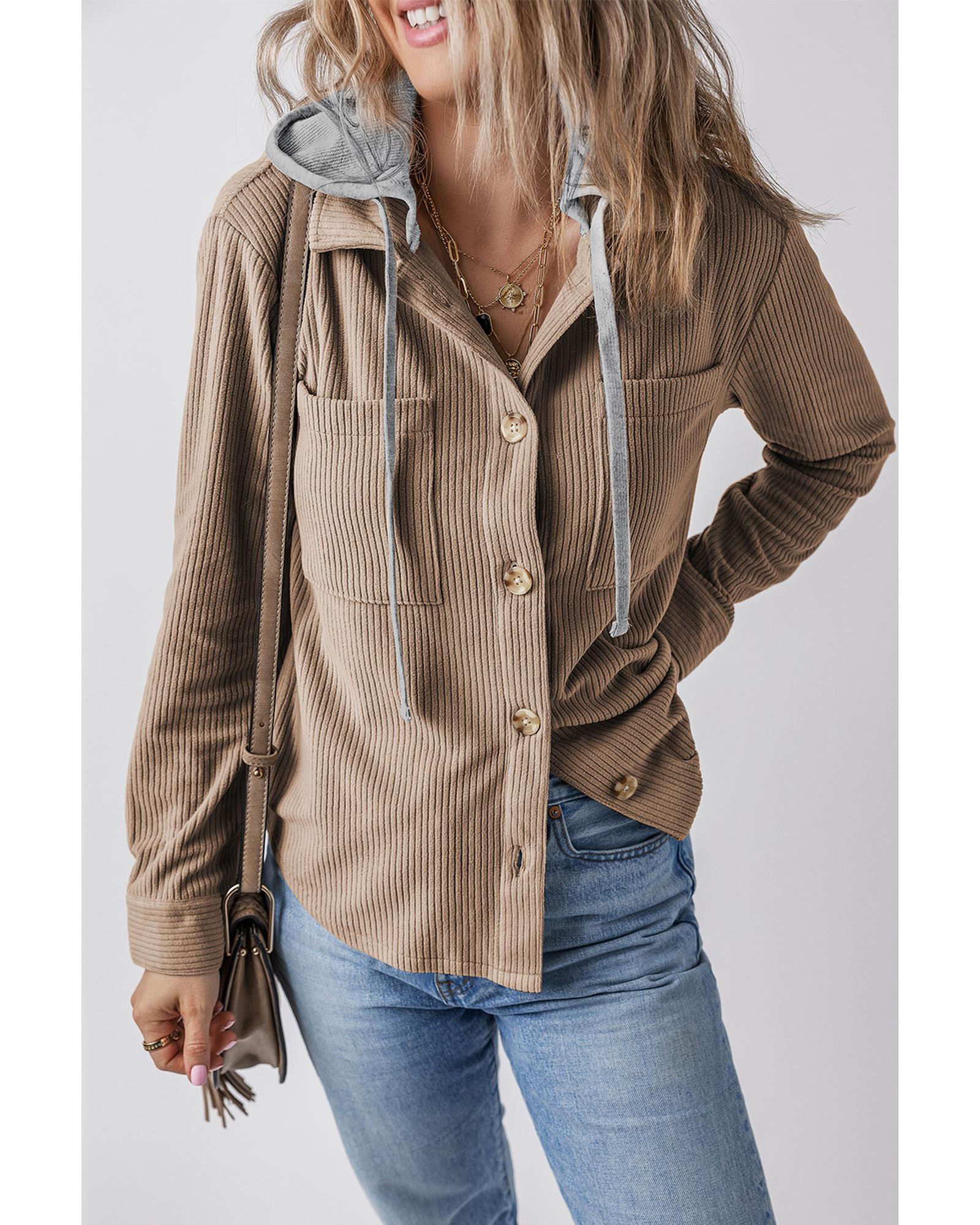 V539-AZEXDC854755-P5016-2XL-202508311255-00 Pale Khaki Hooded Drawstring Pockets Corduroy Shacket - 2XL - Image 1