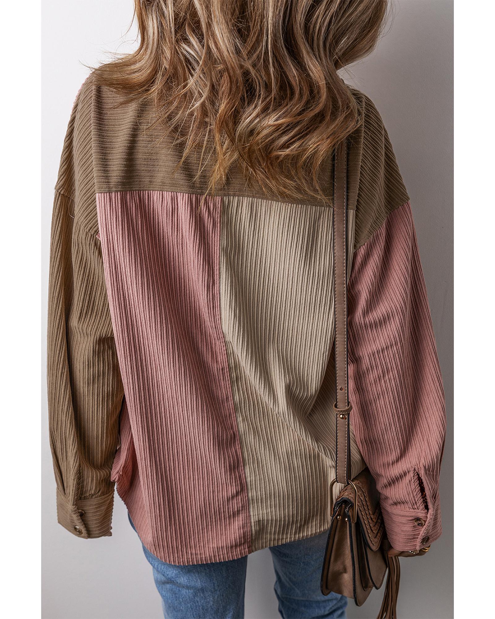 V539-AZEXDC854767-P303-S-202506182032-00 Mineral Red Color Block Chest Pockets Buttoned Corduroy Shacket - S - Image 1