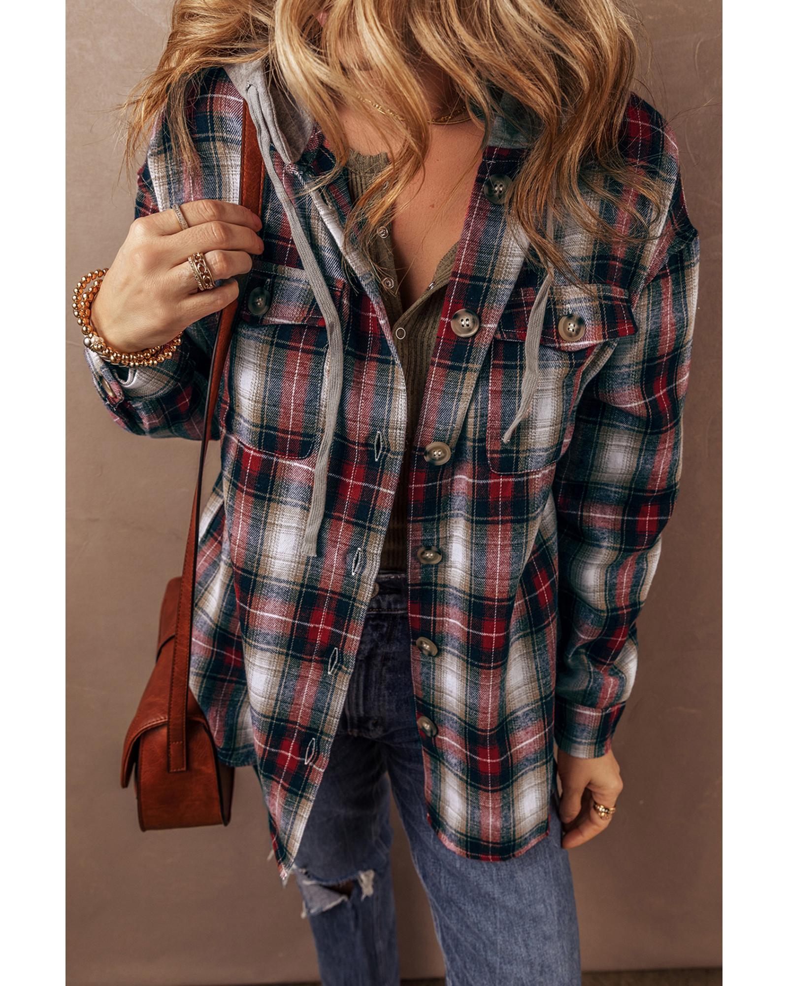V539-AZEXDC854814-P322-S-202506182046-00 Red Plaid Print Chest Pocket Buttoned Hooded Shacket - S - Image 1