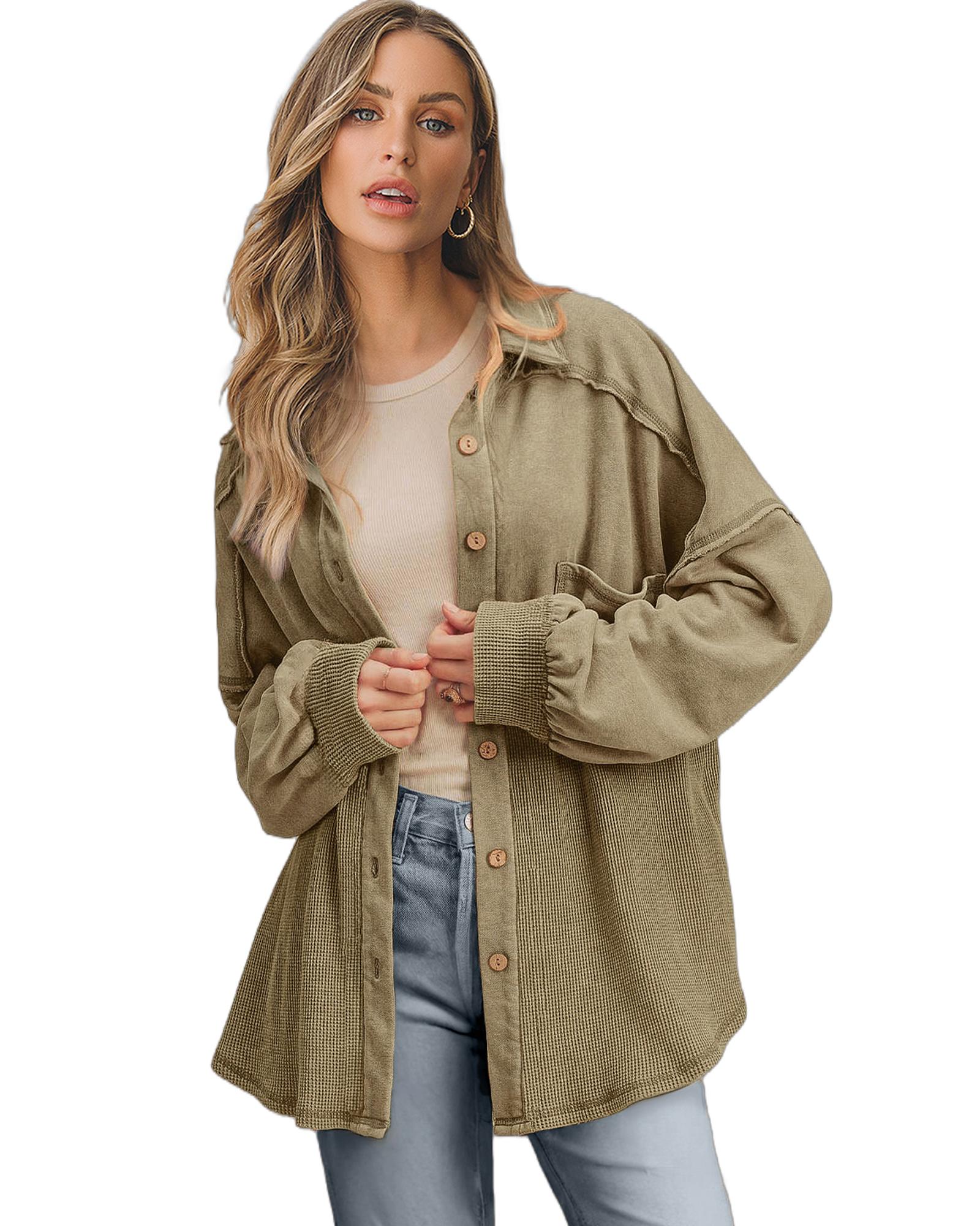 V539-AZEXDC854815-P1609-XL-202508310730-00 Moss Green Waffle Knit Patchwork Buttoned Oversized Shacket - XL - Image 1