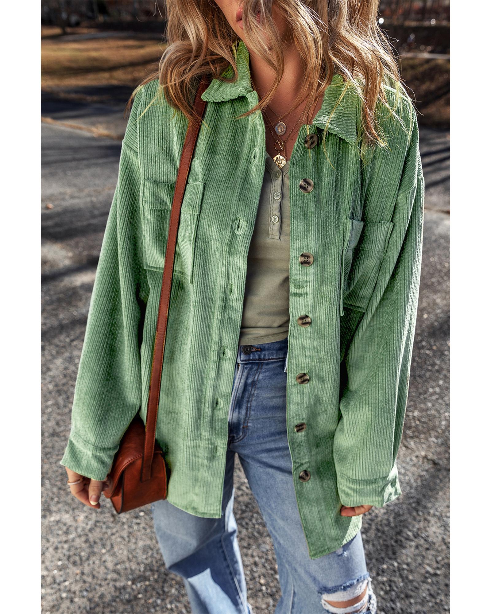 V539-AZEXDC854818-P509-S-202506182116-00 Mist Green Patched Pocket Button Up Corduroy Shacket - S - Image 1