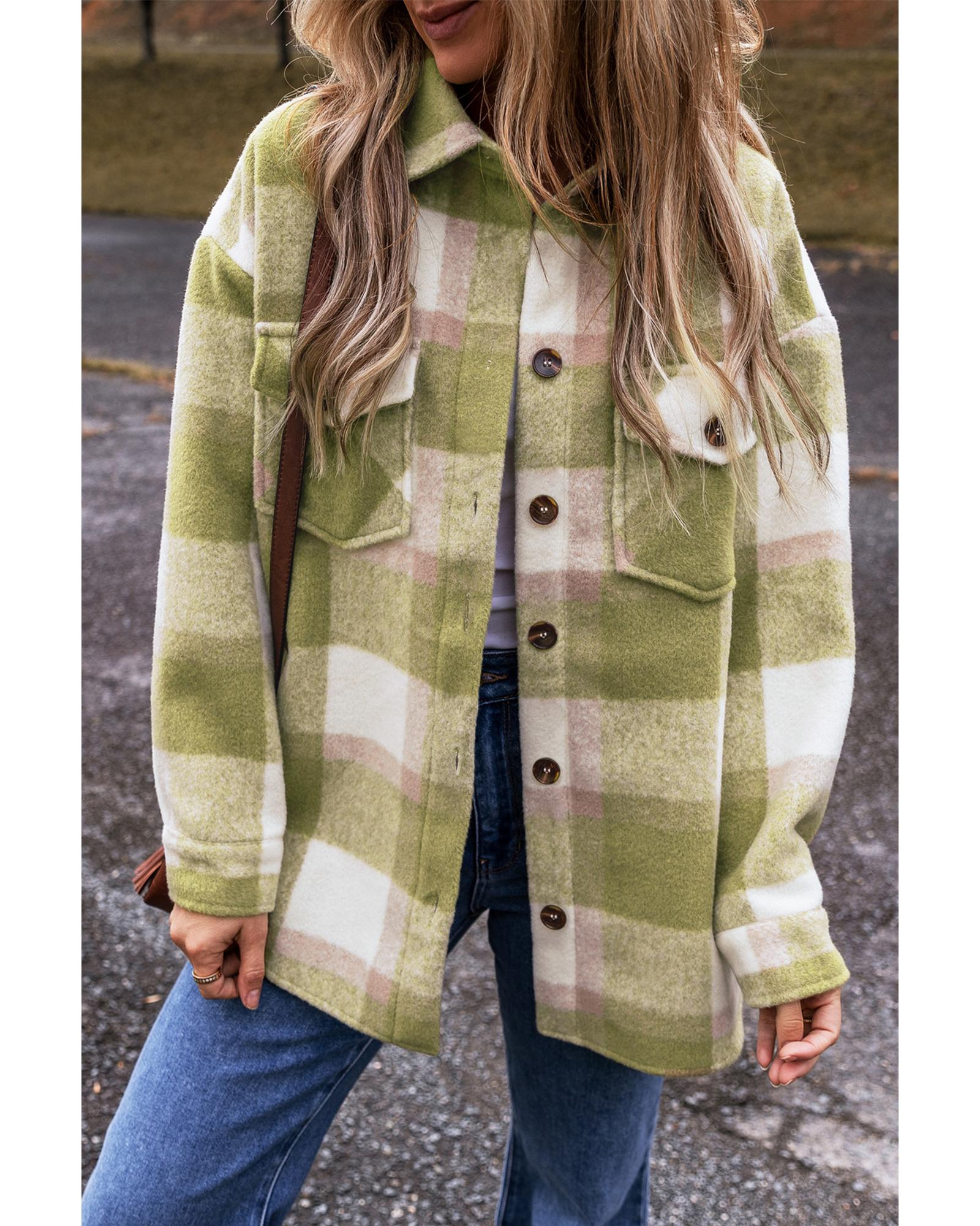 V539-AZEXDC854835-P909-2XL-202508310350-00 Sage Green Plaid Print Buttoned Flap Pockets Baggy Shacket - 2XL - Image 1