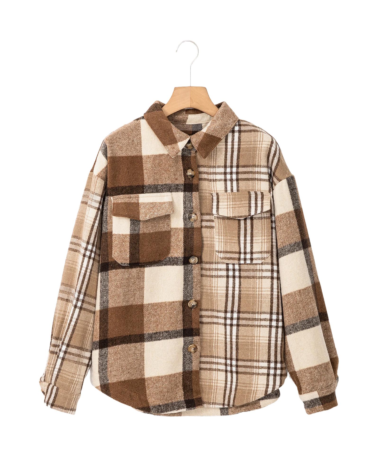 V539-AZEXDC854844-P4016-M-202508310650-00 Light French Beige Flannel Plaid Double Flap Pocket Shacket - M - Image 1