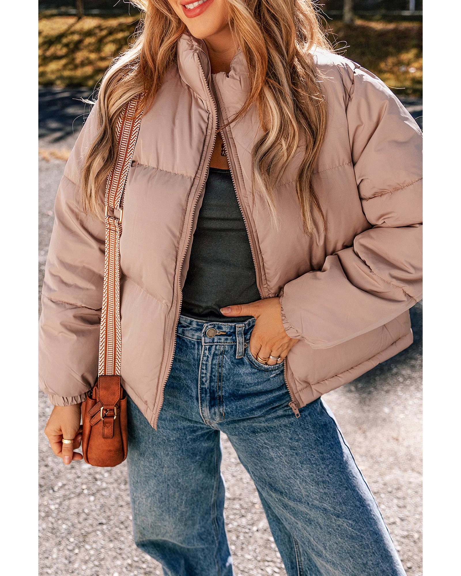 V539-AZEXDC856218-P2010-XL-202508311350-00 Apricot Pink Full Zipper Quilted Puffer Jacket - XL - Image 1