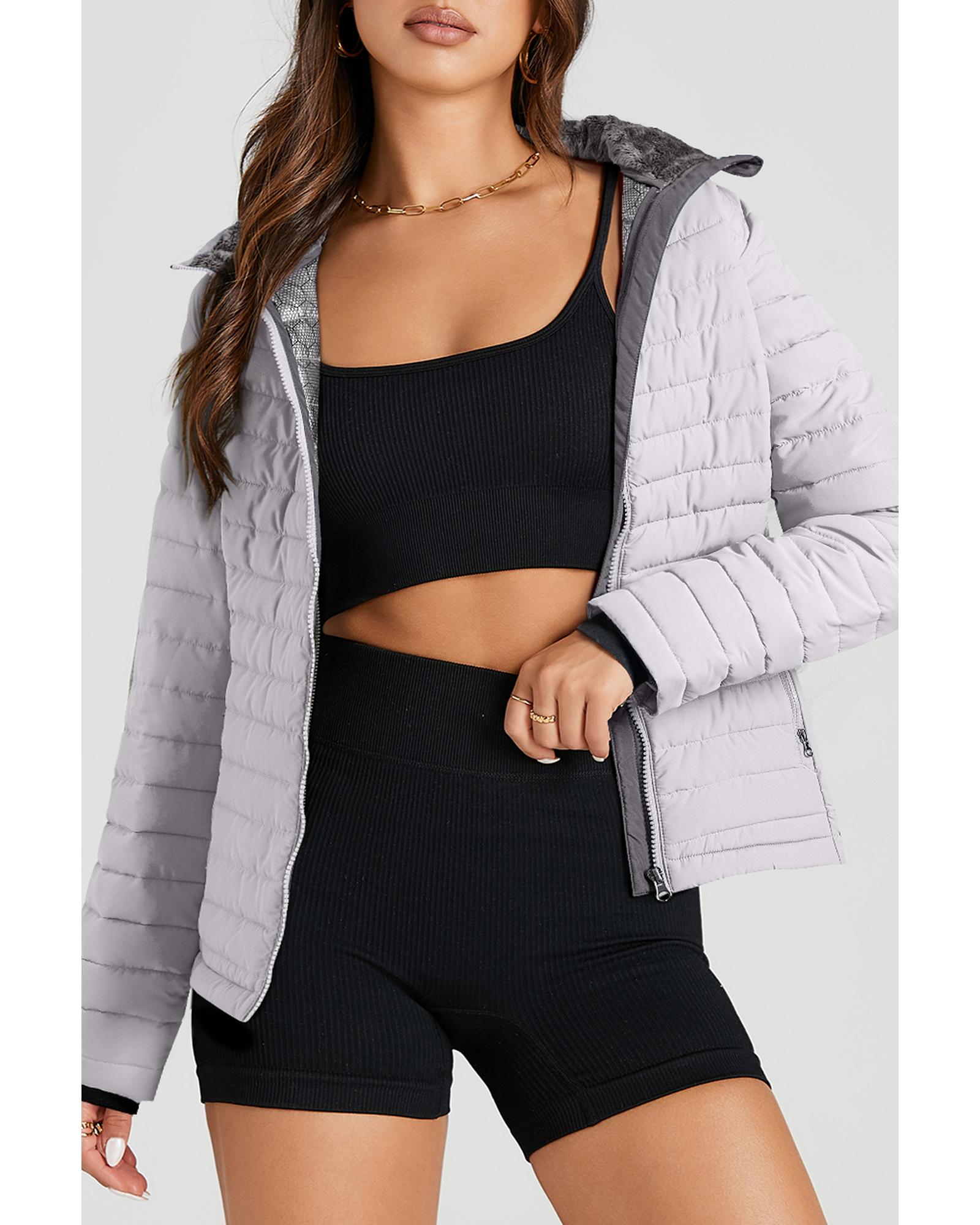 V539-AZEXDC856225-P13-L-202508311445-00 Silvery Solid Color Quilted Zip-up Puffer Jacket - L - Image 1