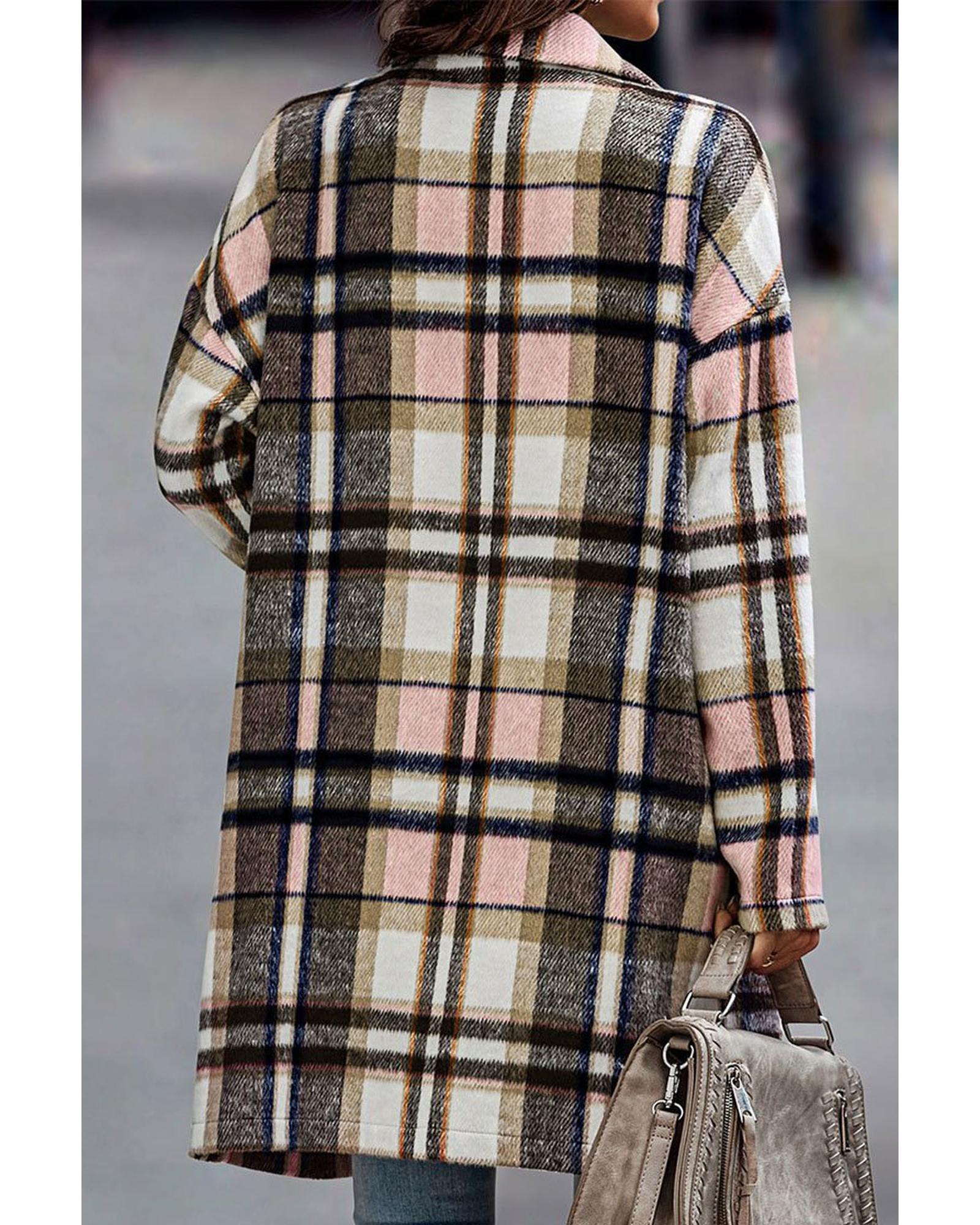 V539-AZEXDC859051-10-M-202508311545-00 Pink Plaid Button Up Lapel Jacket - M - Image 1