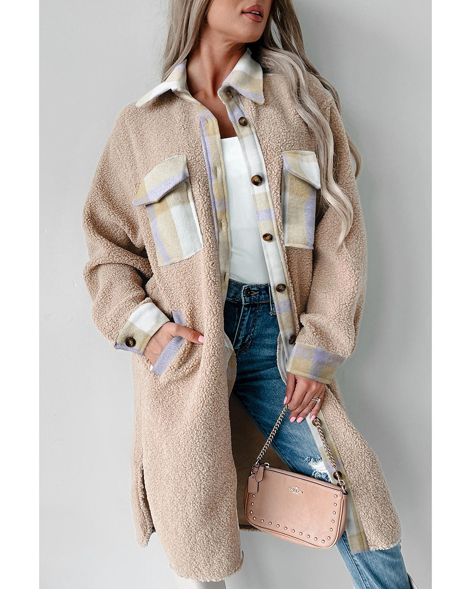 V539-AZEXDC859081-P7016-2XL-202508311555-00 Smoke Gray Plaid Patchwork Collared Button-up Sherpa Long Coat - 2XL - Image 1