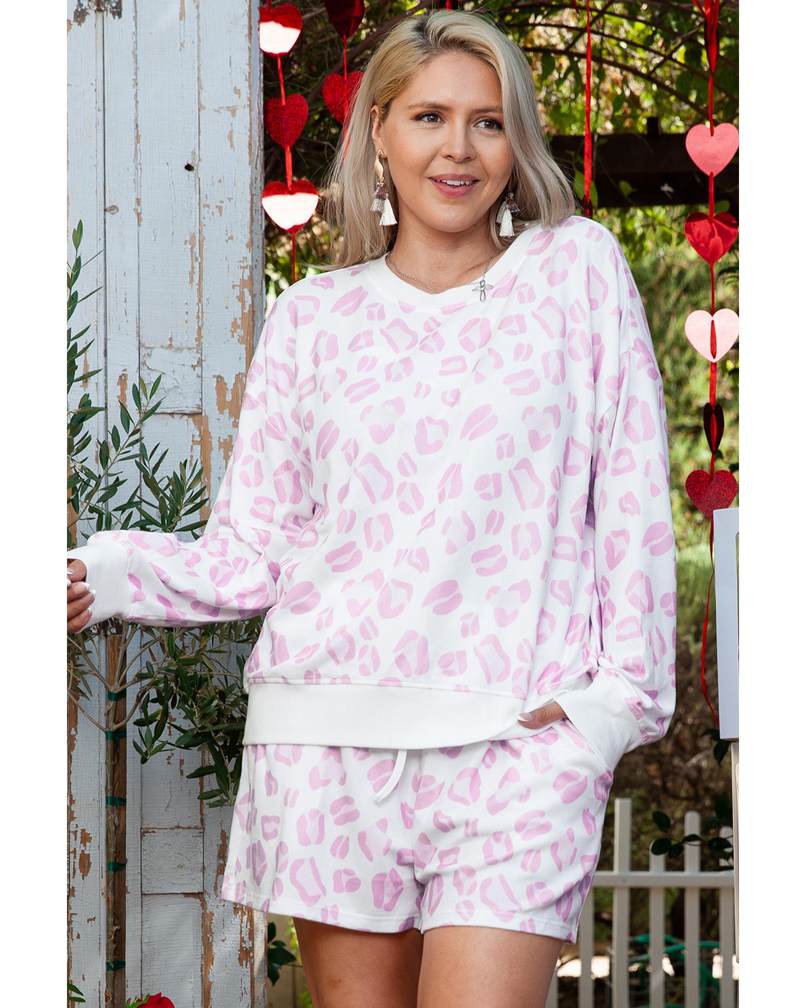 V539-AZEXPL151009-P1020-1X-202506181931-00 Pink Leopard Print Long Sleeve Top Plus Size Shorts Set - 1X - Image 1