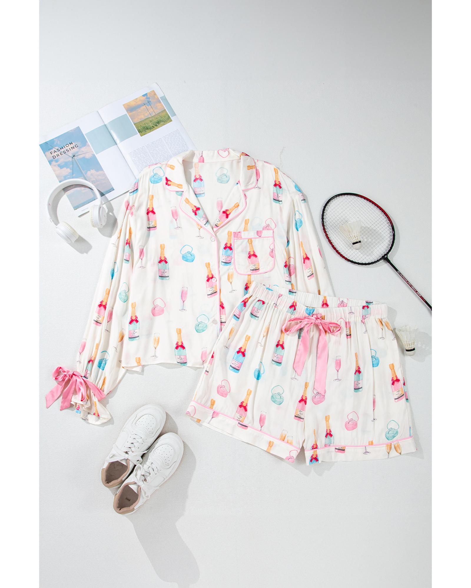 V539-AZEXPL15143-P120-3X-202508310345-00 White Plus Size Wine Glass Print Bow Knot Pajama Set - 3X - Image 1