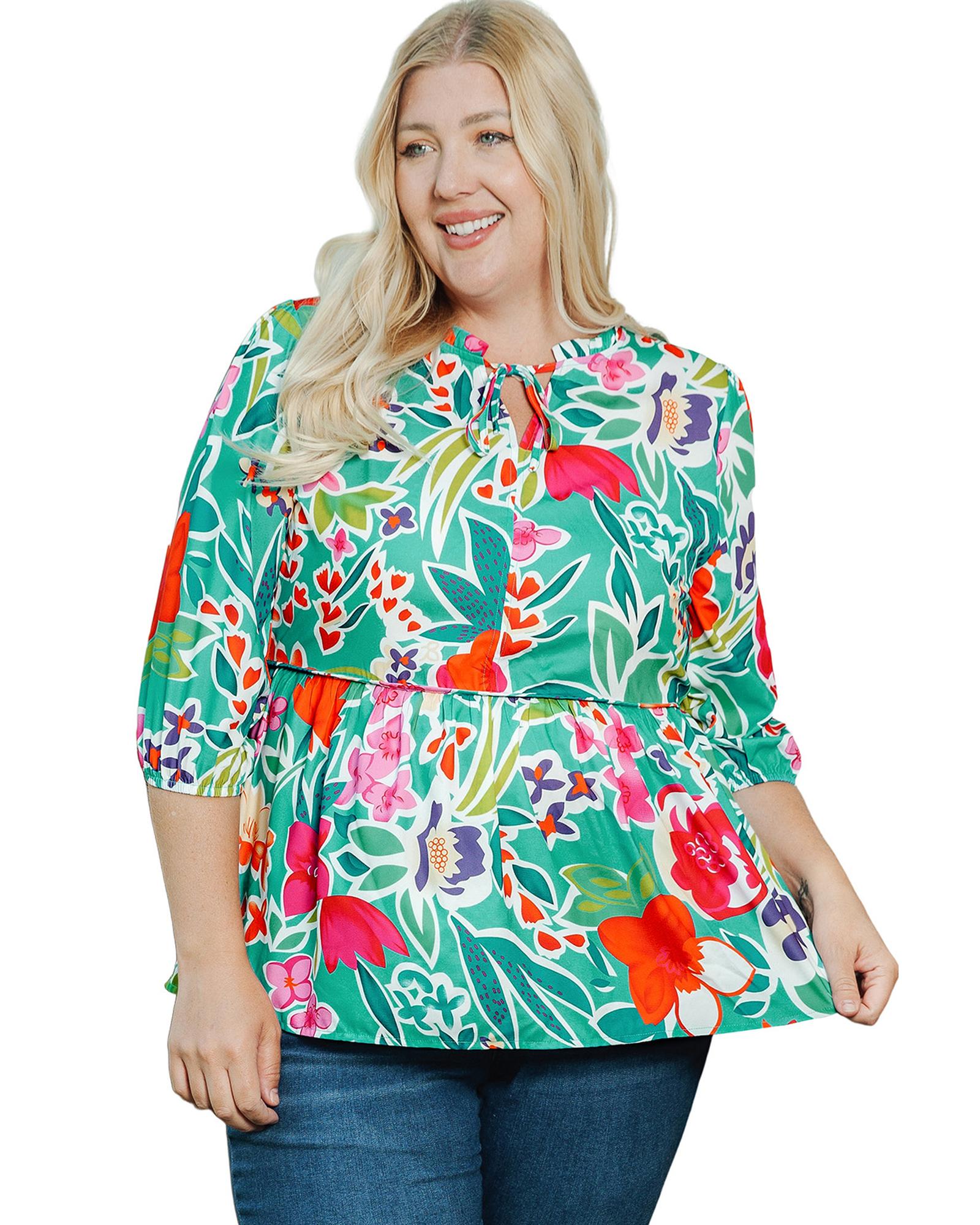 V539-AZEXPL2511058-22-2X-202508310515-00 Multicolor Floral Tie Split Neck Plus Size Peplum Blouse - 2X - Image 1