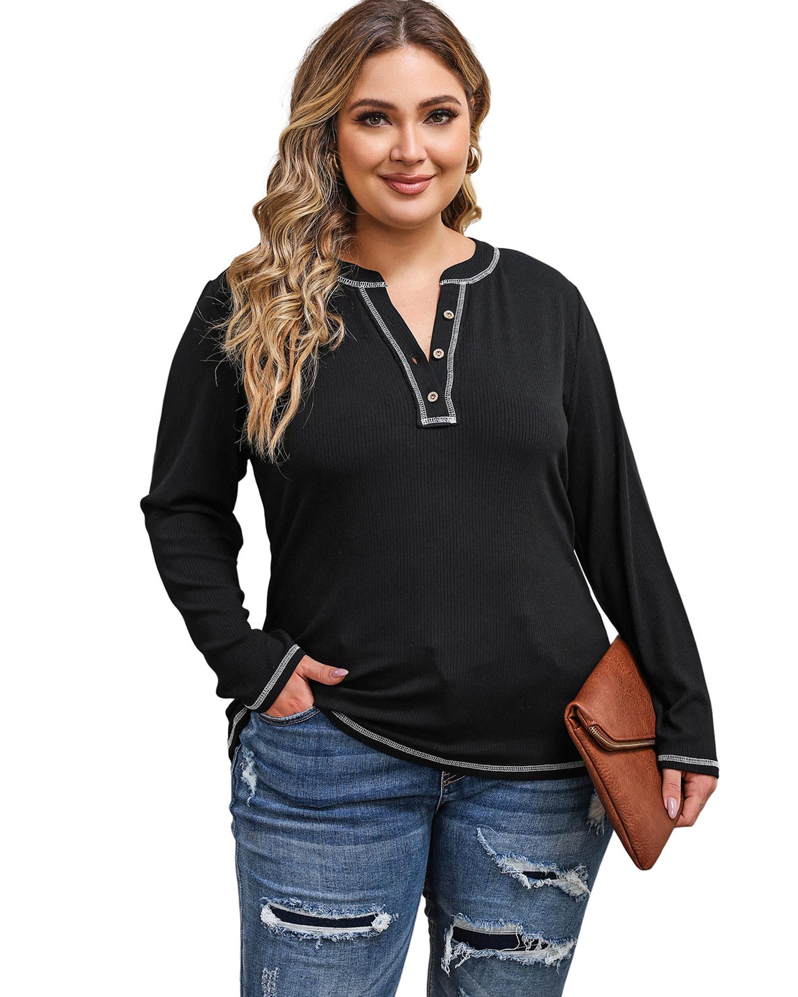V539-AZEXPL2511160-2-2X-202508310915-00 Black Plus Size Contrasting Topstitch Ribbed Henley Top - 2X - Image 1