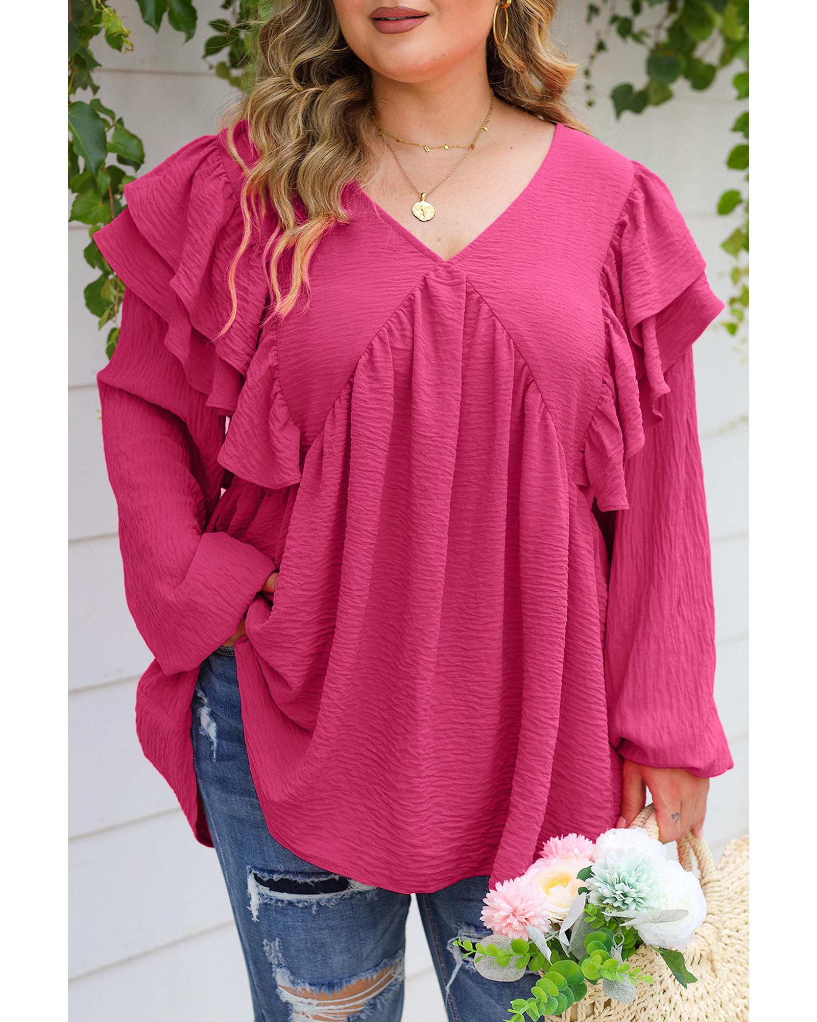 V539-AZEXPL2511255-10-2X-202508310425-00 Pink Crinkle Ruffled V Neck Plus Size Blouse - 2X - Image 1