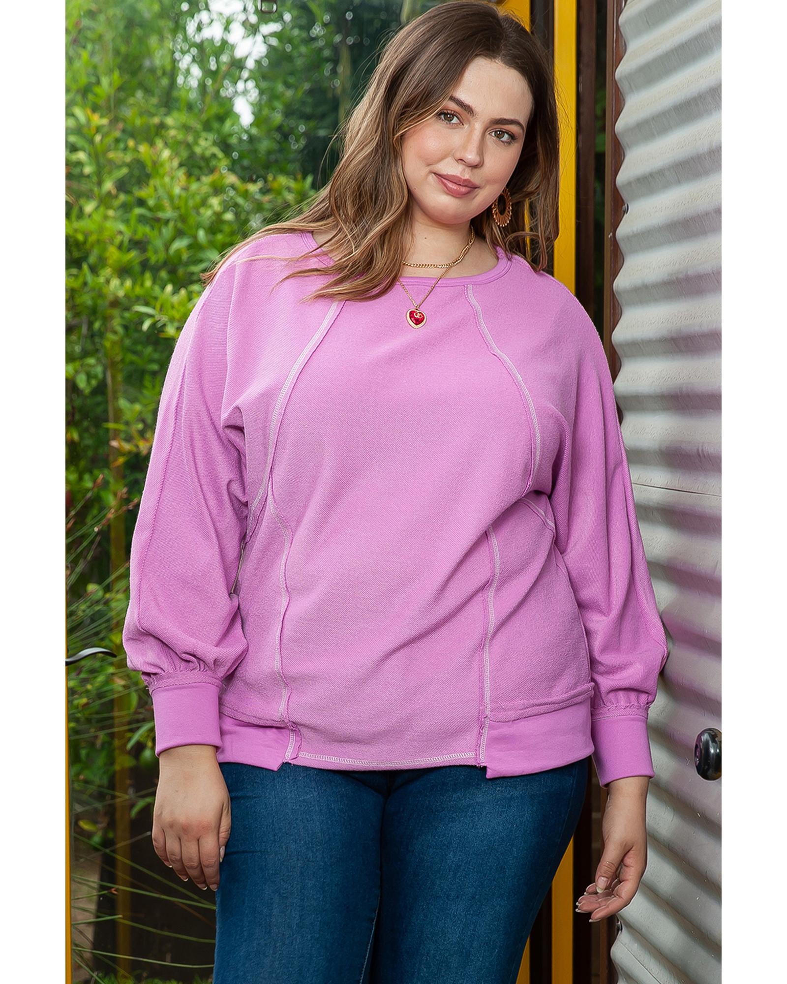 V539-AZEXPL2511301-10-2X-202508311140-00 Azura Exchange Pink Plus Size Exposed Seam Terry Long Sleeve Top - 2X - Image 1