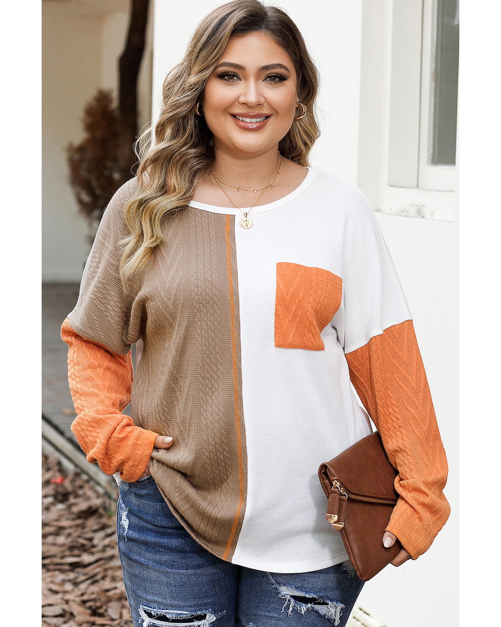 V539-AZEXPL2511371-P2017-3X-202508311430-00 Chestnut Plus Size Color Block Textured Patchwork Top with Pocket - 3X - Image 1
