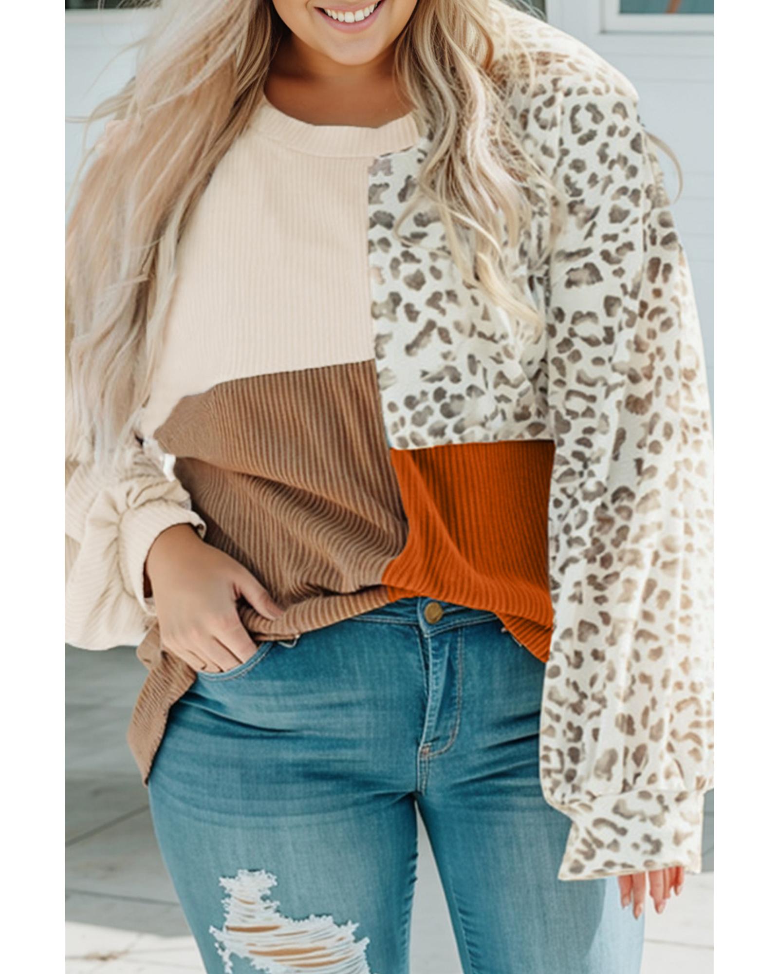 V539-AZEXPL2511394-P16-2X-202506182030-00 Khaki Ribbed Color Block Leopard Splicing Plus Size Top - 2X - Image 1