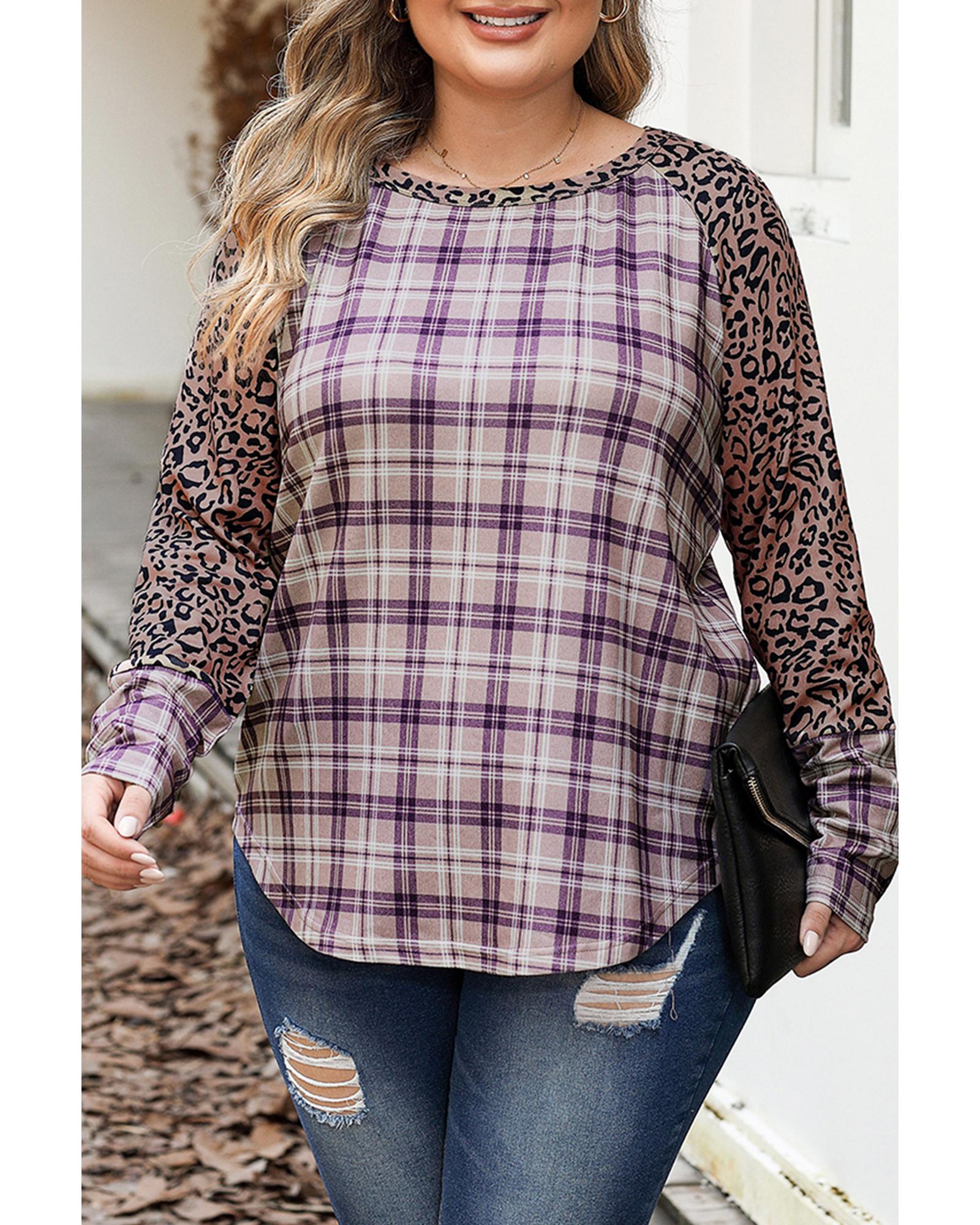 V539-AZEXPL2511440-P2017-3X-202508310515-00 Chestnut Plus Size Leopard Raglan Sleeve Plaid Top - 3X - Image 1