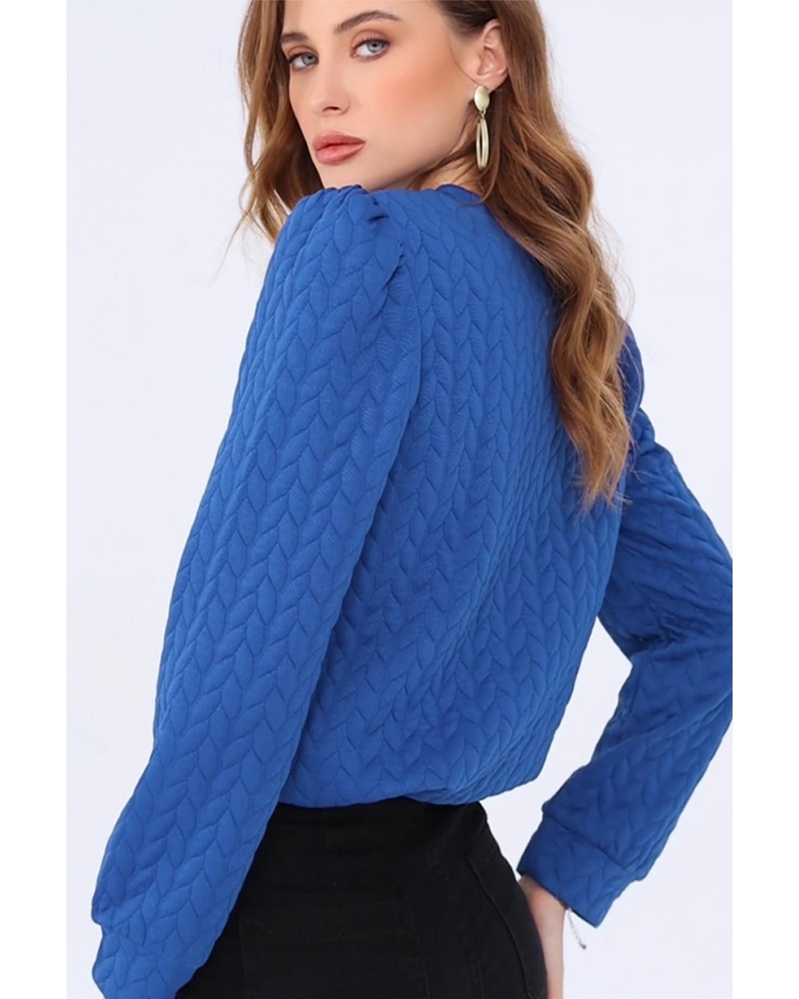 V539-AZEXPL2511597-P5-2X-202508310920-00 Dark Blue Cable Pattern Puff Sleeve Plus Size Top - 2X - Image 1