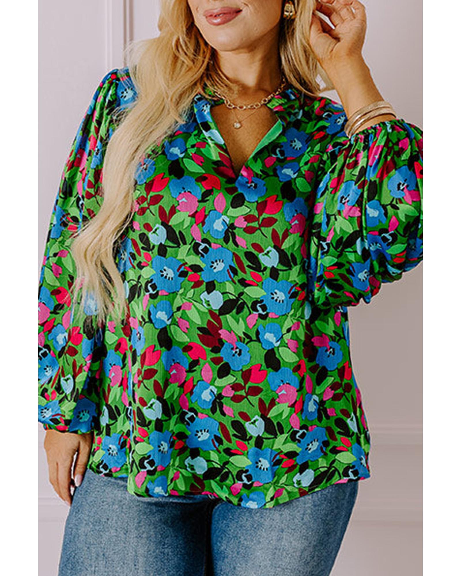 V539-AZEXPL2512359-P920-2X-202508310335-00 Green Plus Size Floral Bubble Sleeve V Neck Blouse - 2X - Image 1