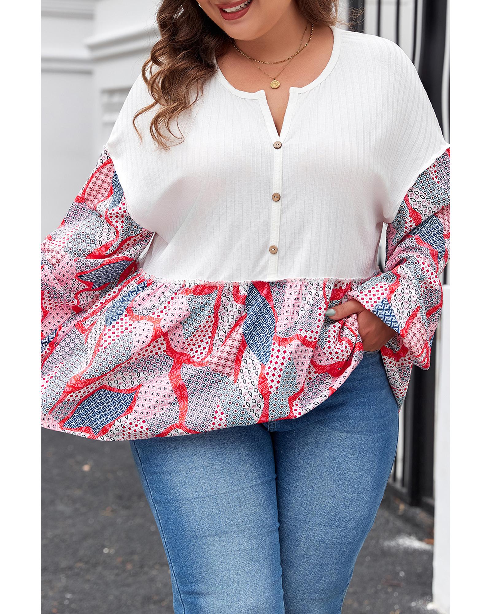 V539-AZEXPL2512450-P1820-3X-202508310740-00 Apricot Plus Size Printed Patchwork Textured Buttoned Blouse - 3X - Image 1