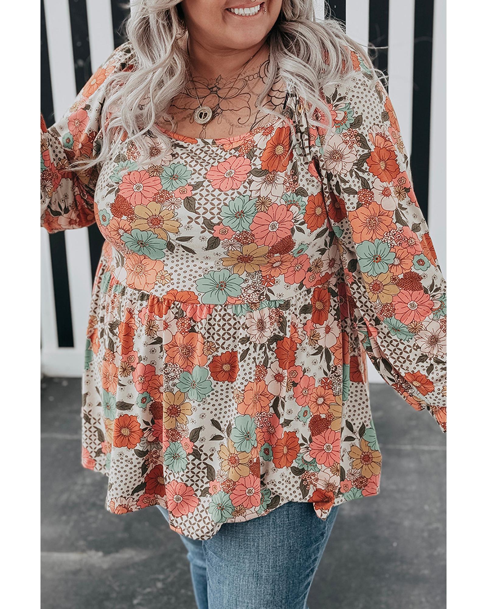 V539-AZEXPL2512519-P1620-4X-202508310950-00 Khaki Plus Size Flower Print Square Neck Peplum Blouse - 4X - Image 1