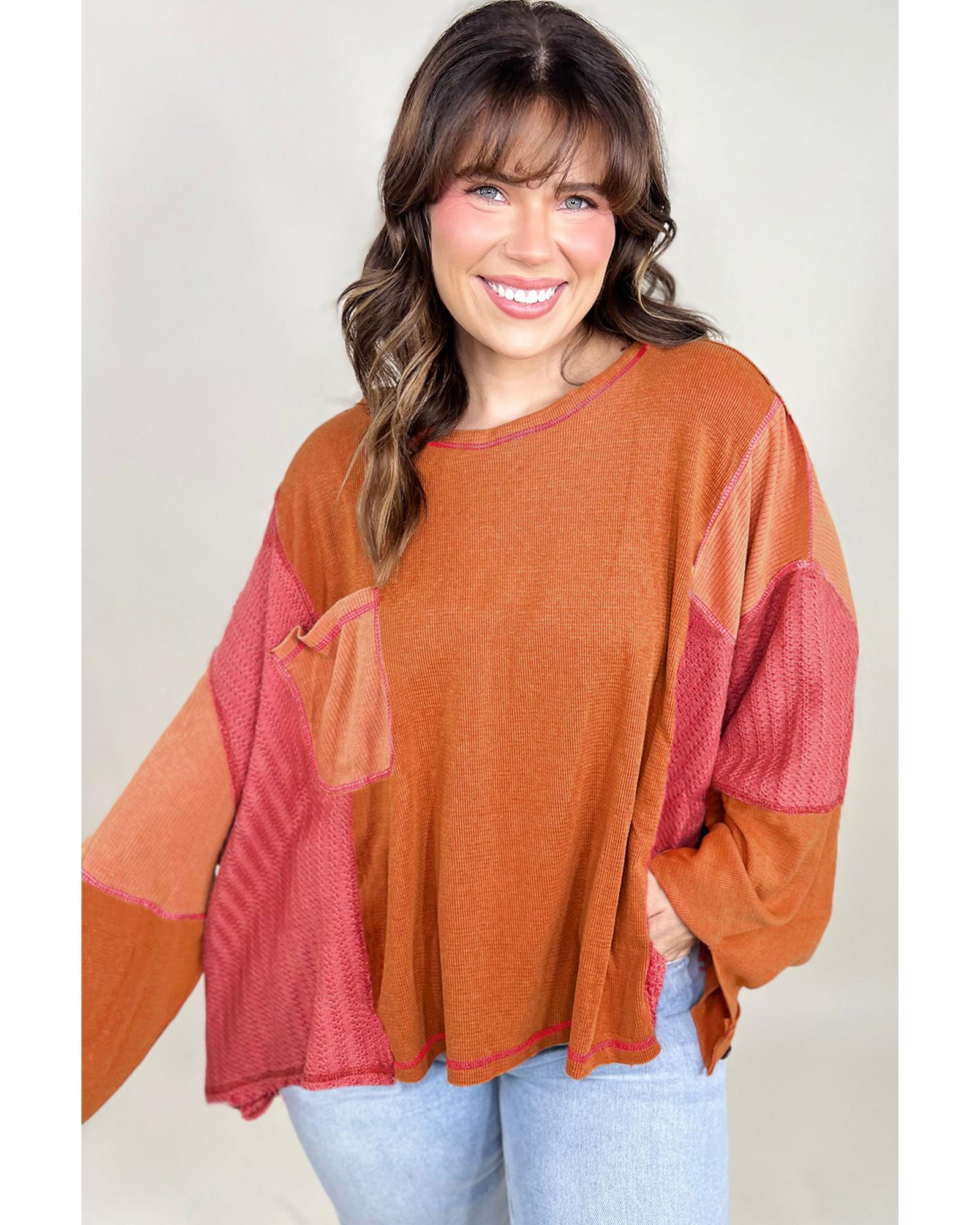 V539-AZEXPL2512552-P1422-3X-202508311315-00 Orange Textured Knit Color Block Patchwork Chest Pocket Plus Size Top - 3X - Image 1