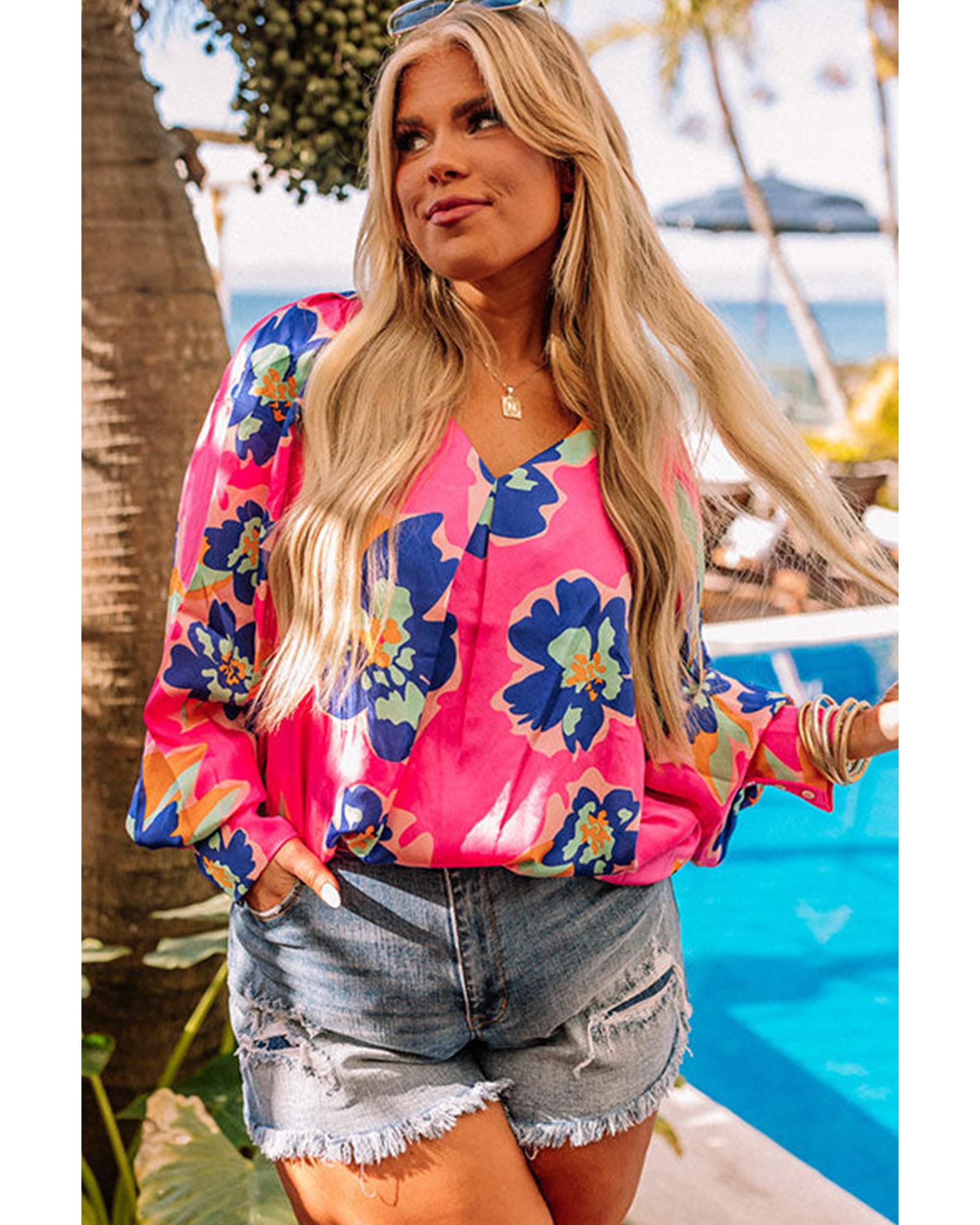 V539-AZEXPL2512611-P620-2X-202508310850-00 Rose Floral Pattern V Neck Balloon Sleeve Plus Size Blouse - 2X - Image 1