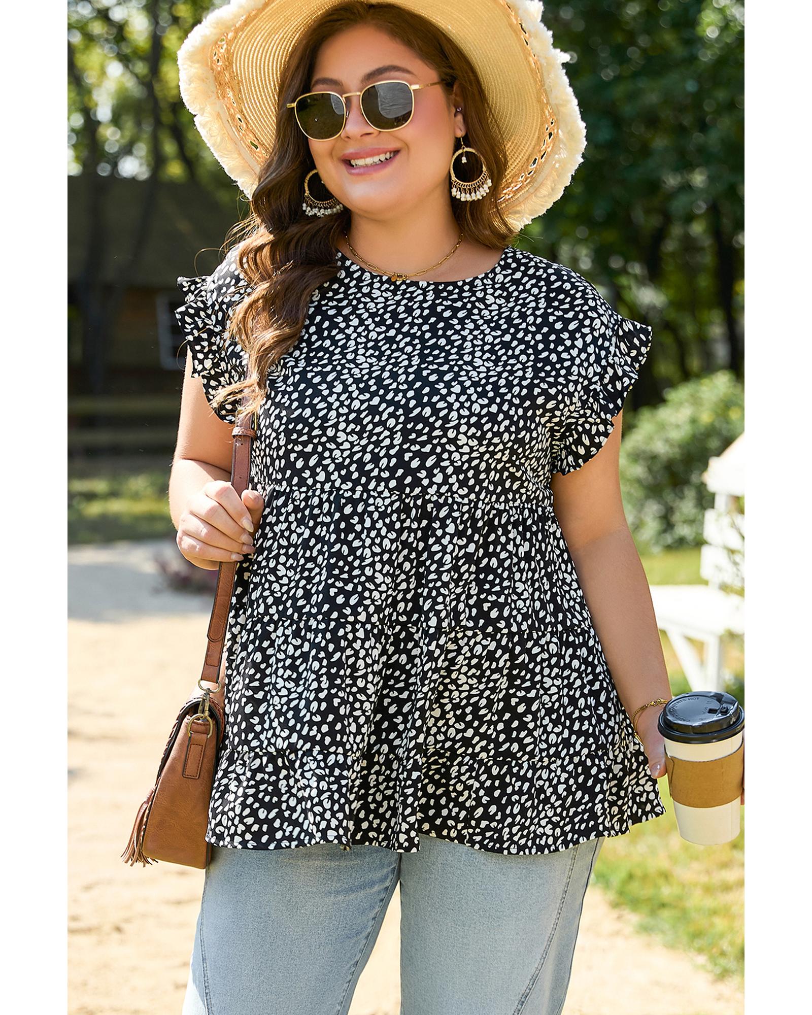 V539-AZEXPL2512667-P220-3X-202508311450-00 Black Leopard Print Ruffled Short Sleeve Keyhole Back Tiered Flowy Plus Size Blouse - 3X - Image 1