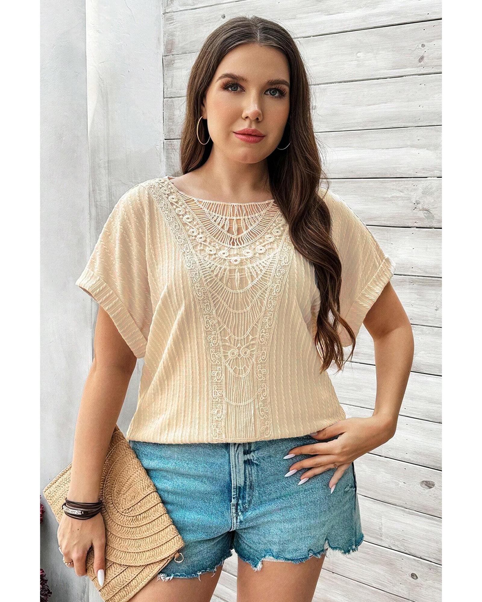 V539-AZEXPL2512731-P15-2X-202508311500-00 Beige Lace Crochet Patched Cable Textured Cuffed Short Sleeve Plus Size Top - 2X - Image 1
