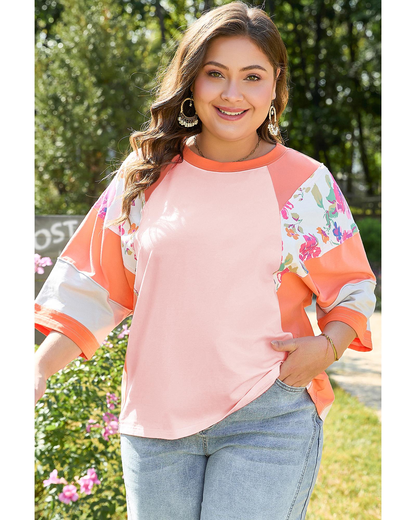 V539-AZEXPL2512782-P1420-2X-202508311555-00 Orange Plus Size Floral Print Patchwork Raglan Half Sleeve Top - 2X - Image 1