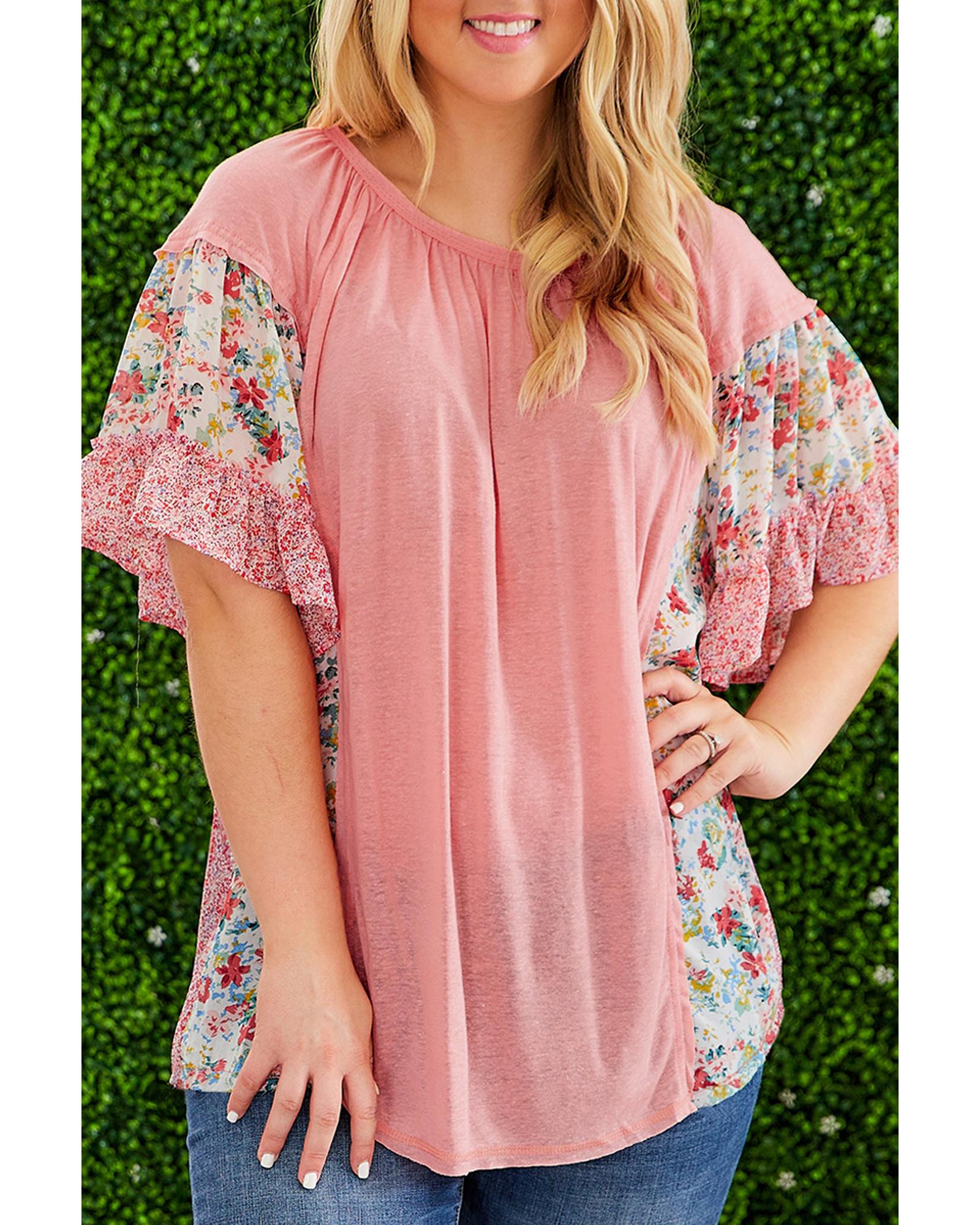 V539-AZEXPL2512788-P1020-4X-202508311400-00 Pink Plus Size Floral Patchwork Ruffled Short Sleeve Blouse - 4X - Image 1
