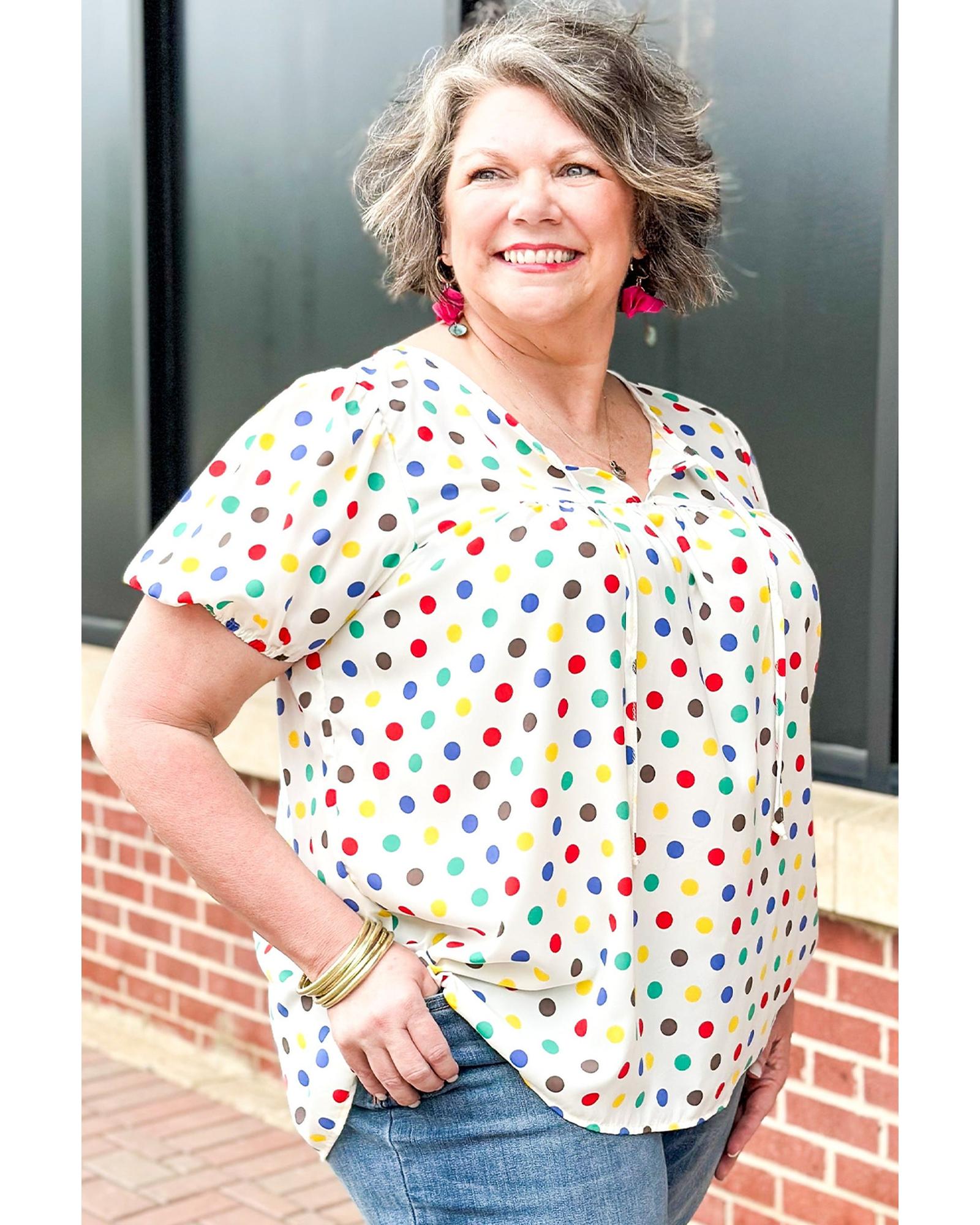 V539-AZEXPL2512812-P1820-3X-202508311450-00 Apricot Plus Size Colorful Polka Dots Tie Neck Puff Sleeve Blouse - 3X - Image 1