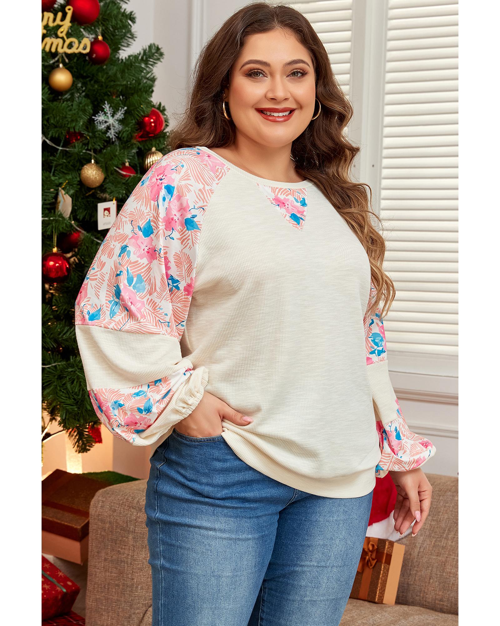 V539-AZEXPL25128275-P18-2X-202508311040-00 Apricot Plus Size Floral Patchwork Ribbed Puff Sleeve Top - 2X - Image 1