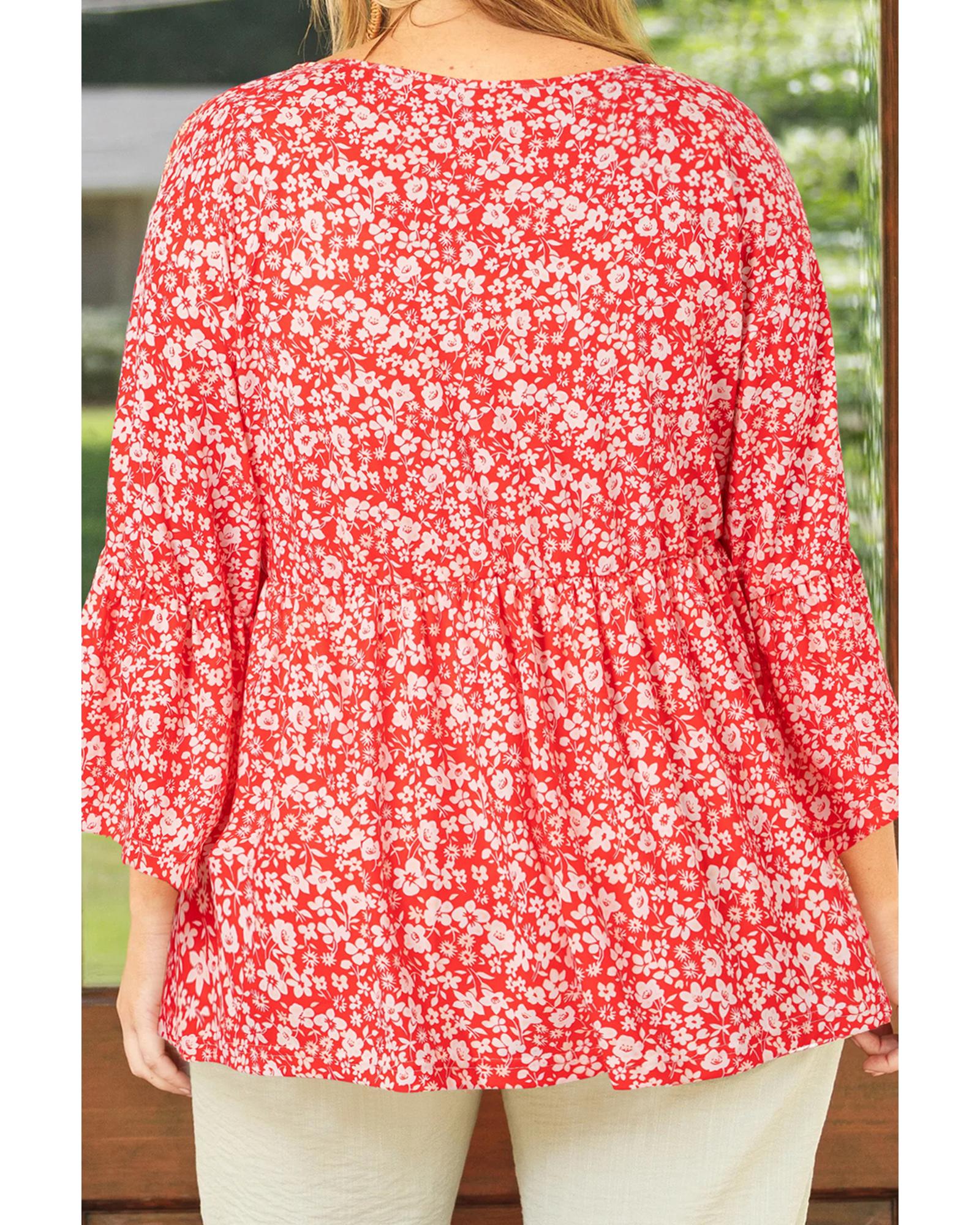 V539-AZEXPL2512882-P10320-2X-202508311000-00 Red Plus Size Floral V Neck Flared Bracelet Sleeve Blouse - 2X - Image 1