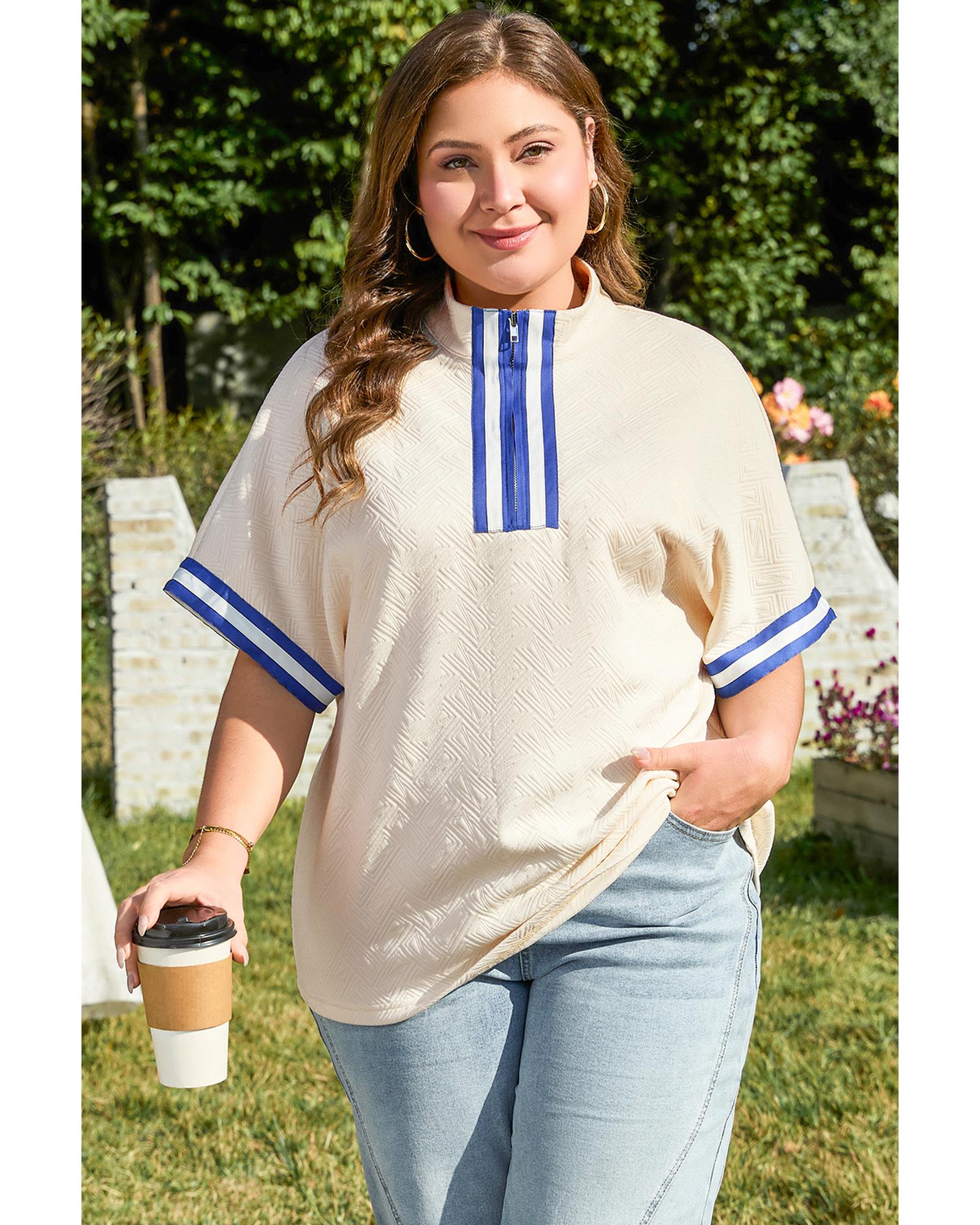 V539-AZEXPL2512996-P1-4X-202508310640-00 White Varsity Half Zip Textured Plus Size Top - 4X - Image 1