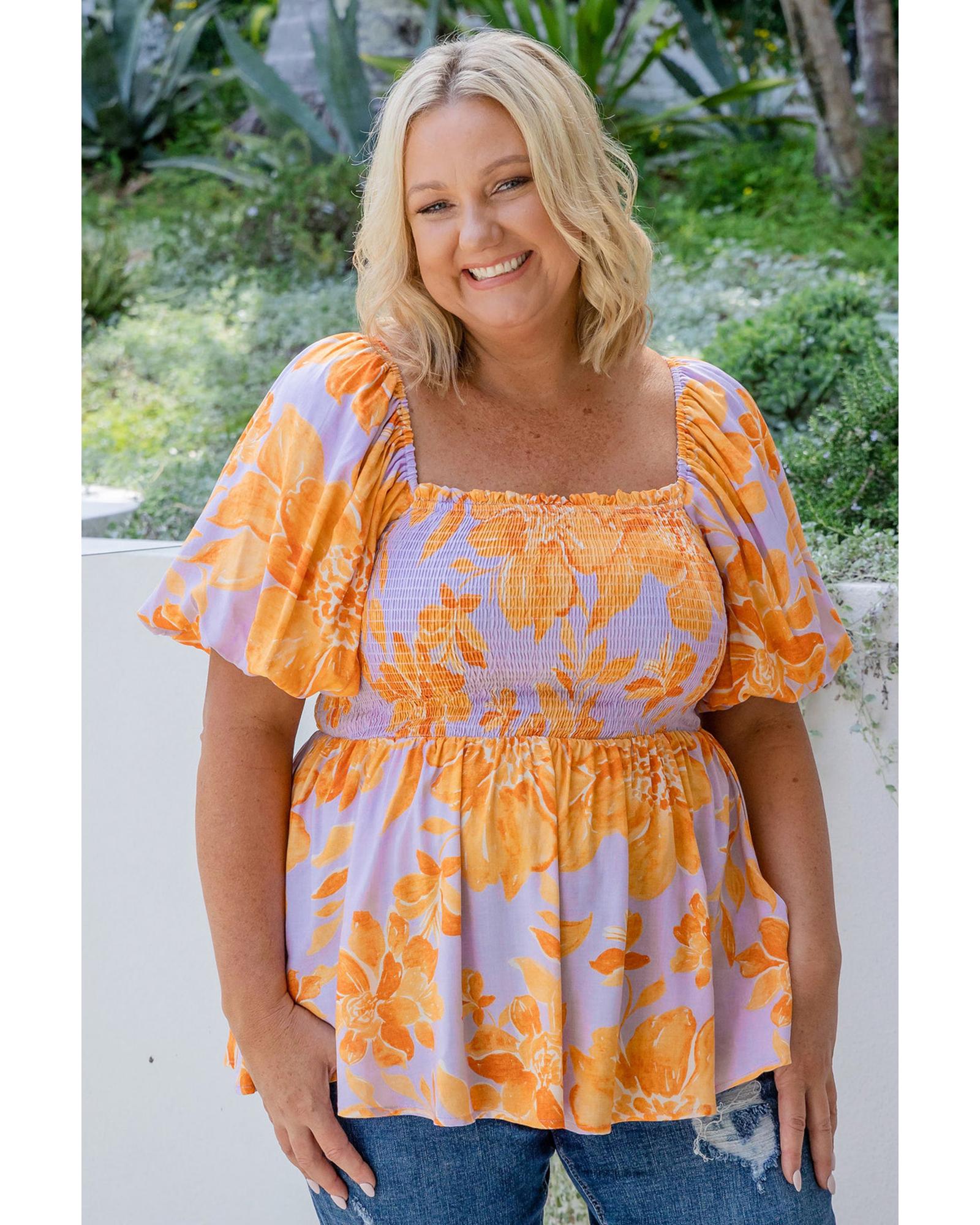 V539-AZEXPL2513060-P820-1X-202506182022-00 Purple Floral Puff Sleeve Square Neck Smocked Plus Size Babydoll Blouse - 1X - Image 1