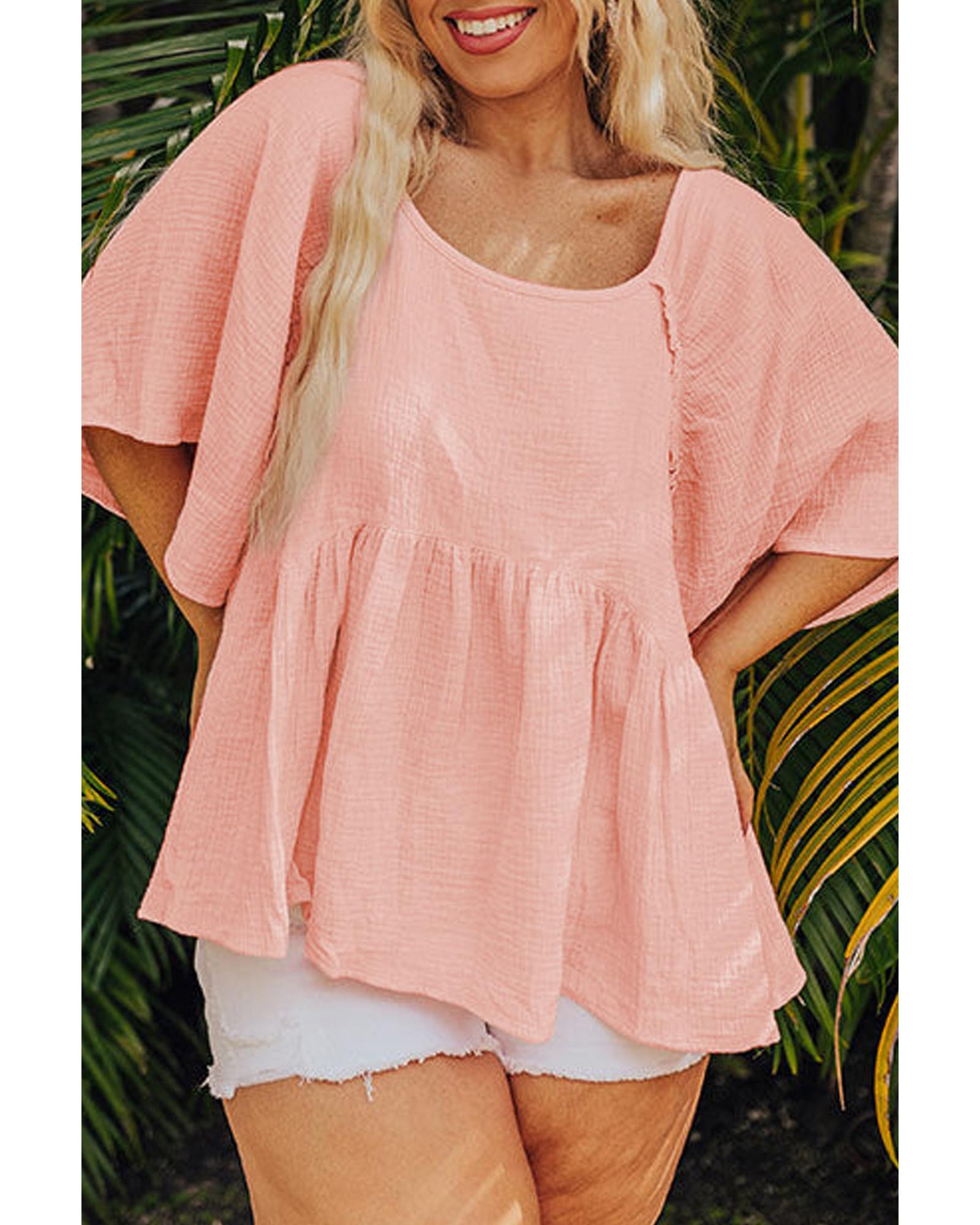V539-AZEXPL2513105-P2010-1X-202506182316-00 Apricot Pink Plus Size Textured Wide Short Sleeve Babydoll Blouse - 1X - Image 1