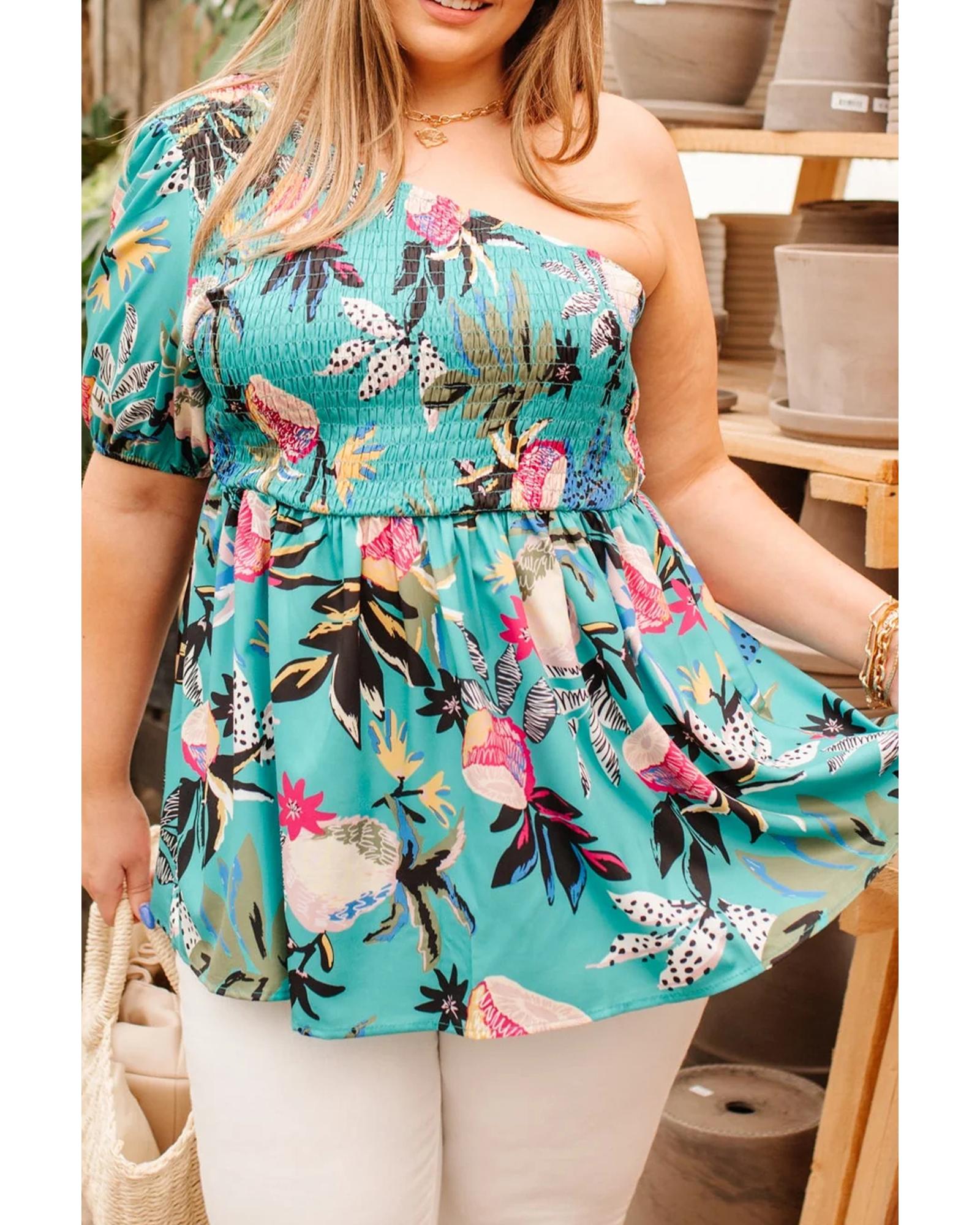 V539-AZEXPL2513239-P920-3X-202508311130-00 Green Plus Size Floral Smocked Bodice Single Puff Short Sleeve Babydoll Blouse - 3X - Image 1
