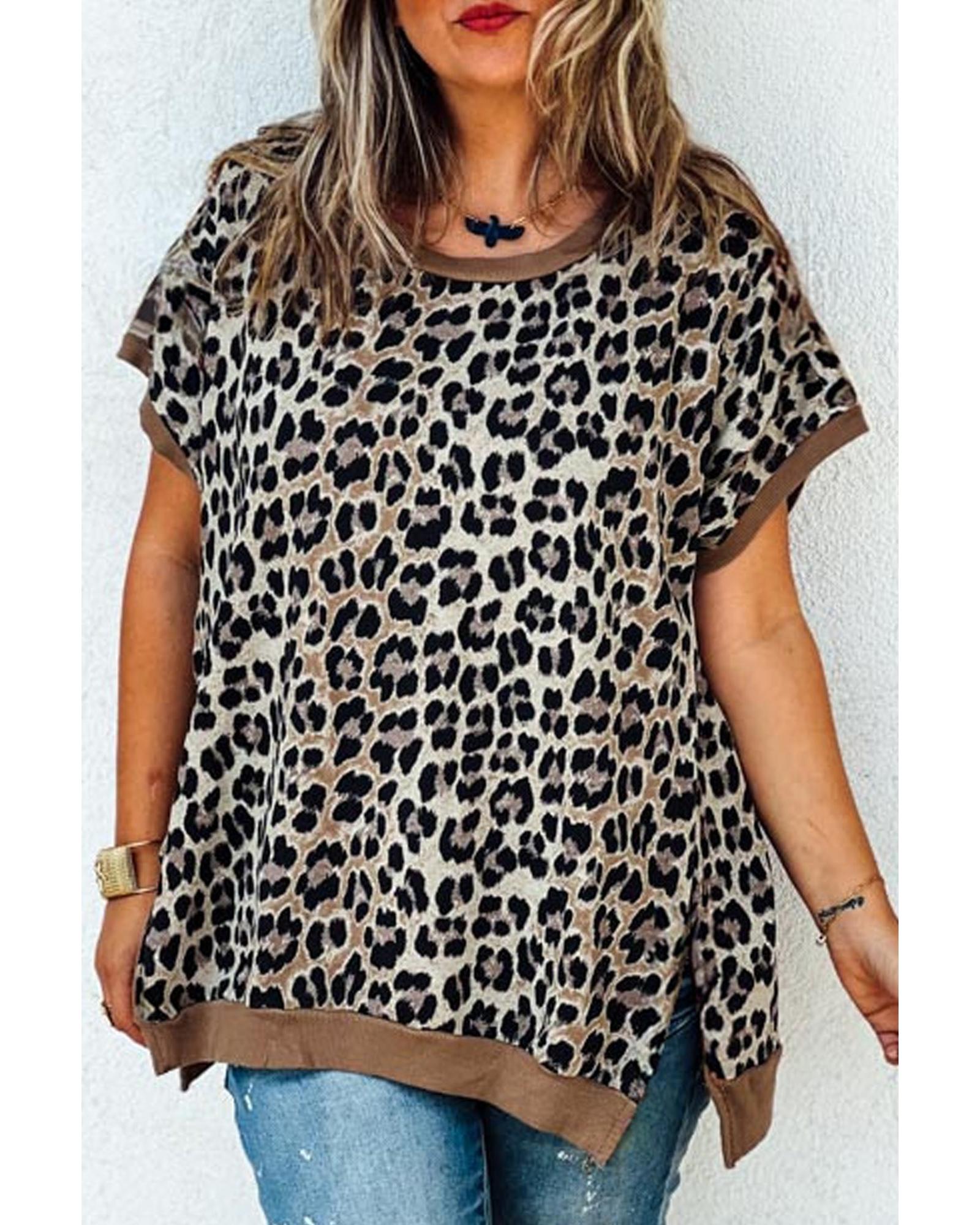 V539-AZEXPL2513385-P1620-4X-202508310935-00 Khaki Leopard Contrast Trim Short Sleeve Loose Plus Size Top - 4X - Image 1