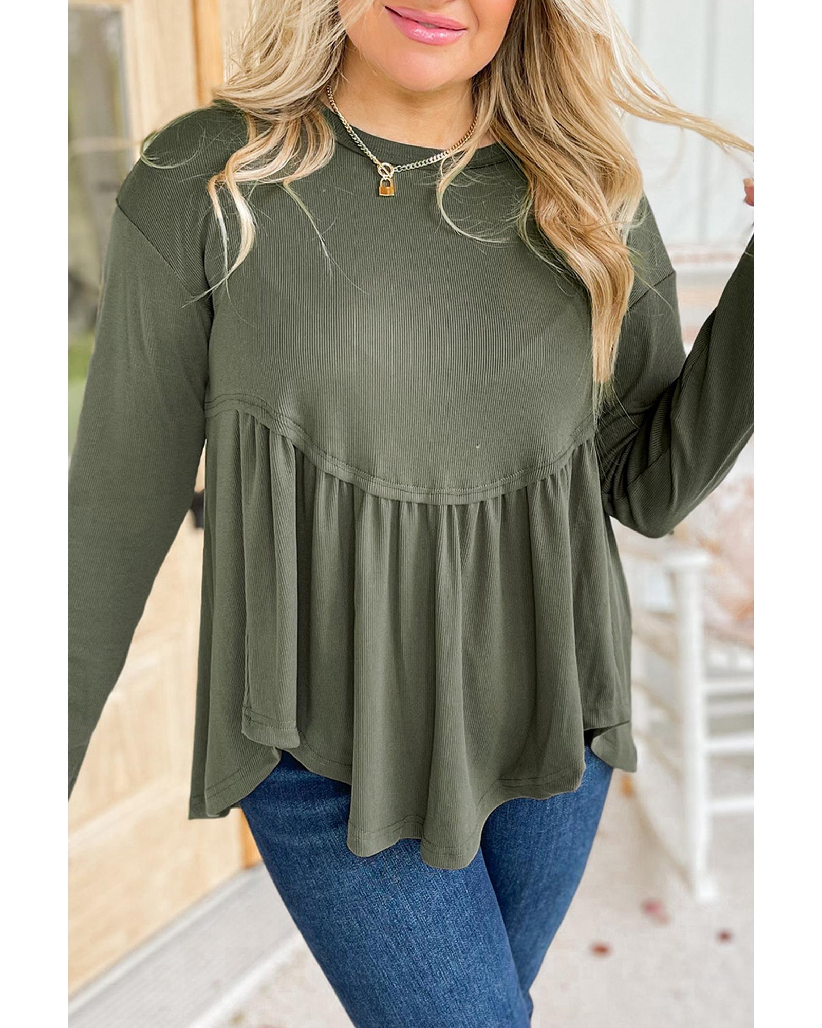 V539-AZEXPL2521119-P509-1X-202506190027-00 Mist Green Plus Size Thermal Knitted Babydoll Flare Top - 1X - Image 1