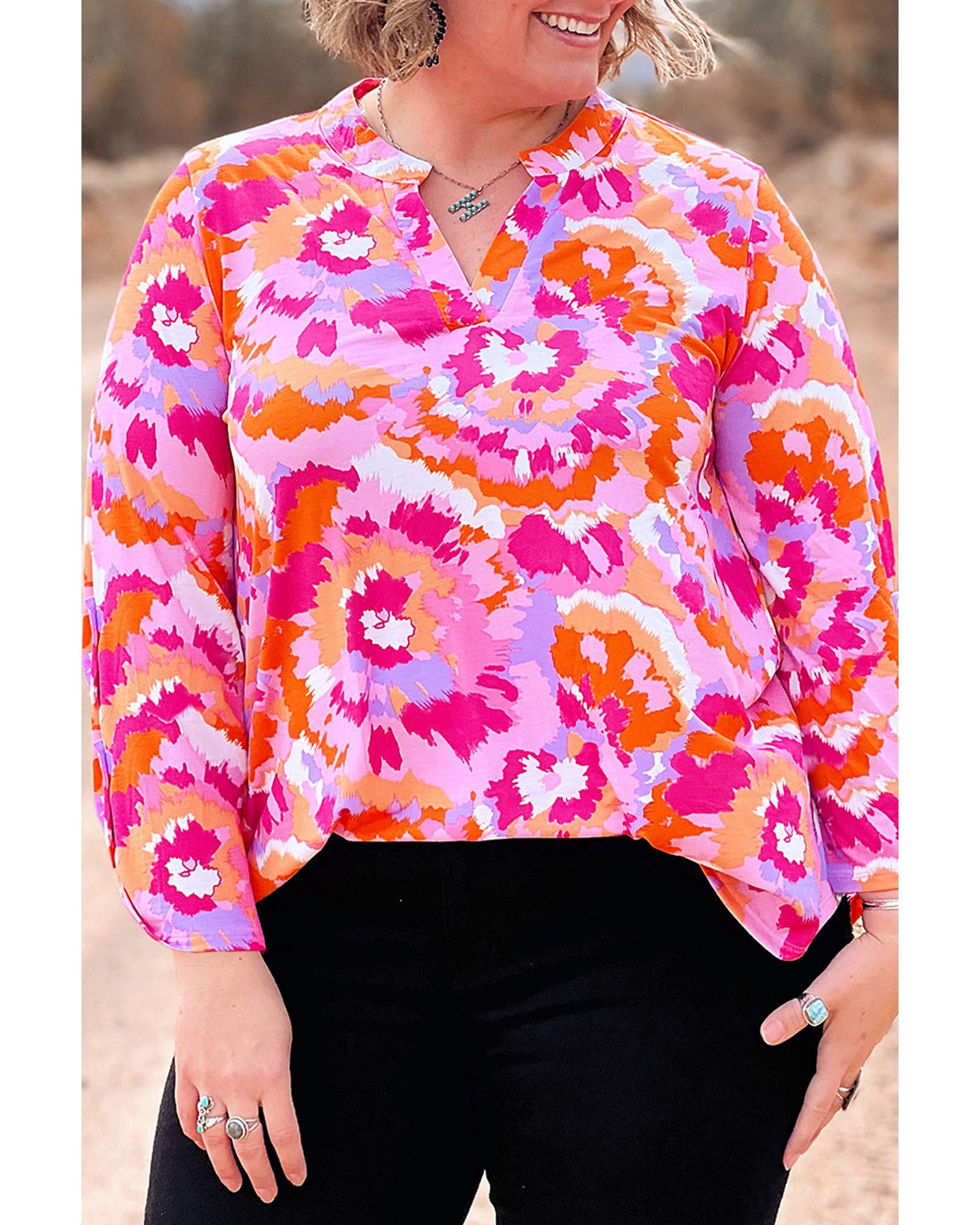 V539-AZEXPL2521152-P1020-2X-202508311355-00 Pink Plus Size Abstract Floral Print V Neck Blouse - 2X - Image 1