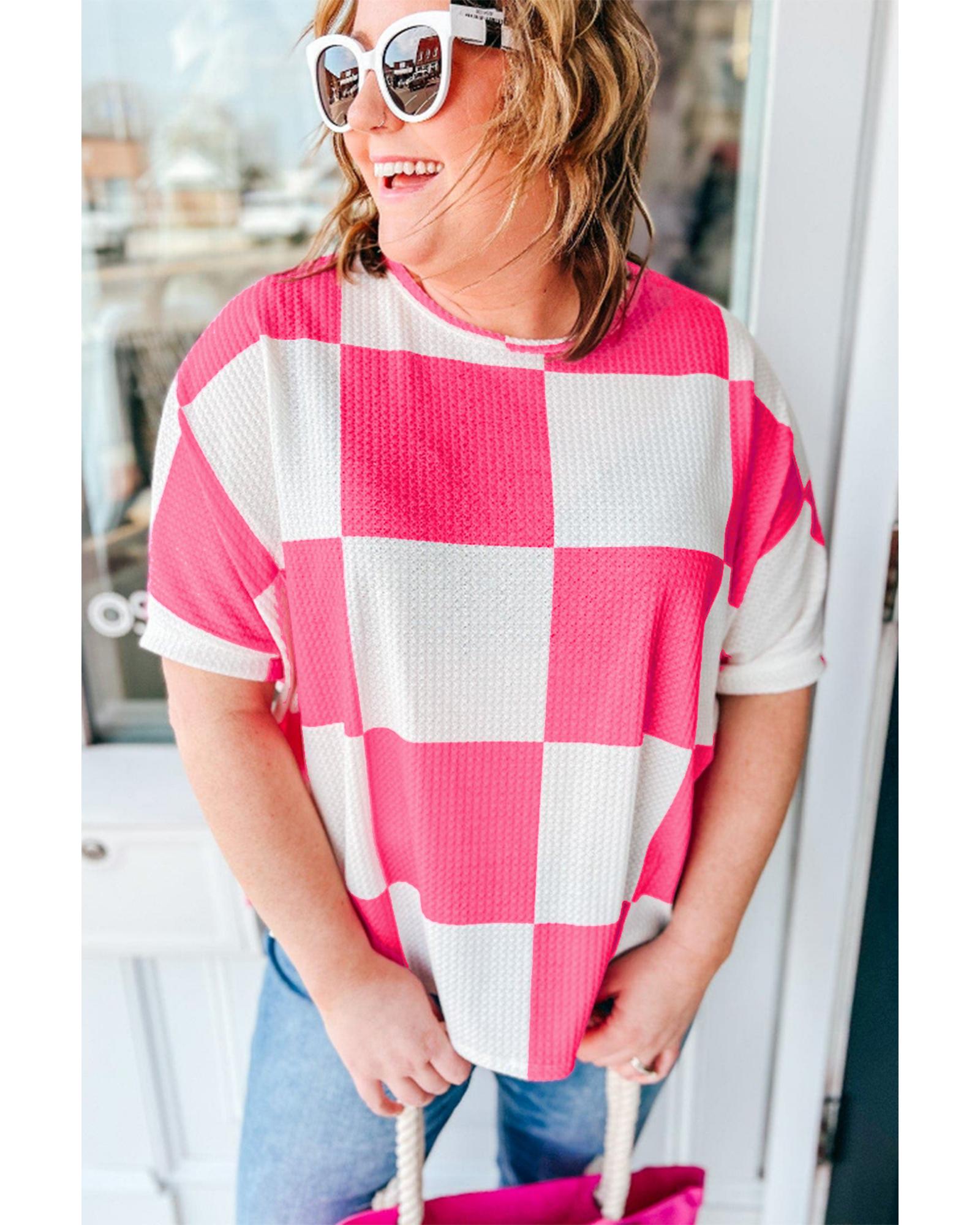 V539-AZEXPL2521408-P120-2X-202508310725-00 White Textured Checkerboard Round Neck Plus Size T Shirt - 2X - Image 1
