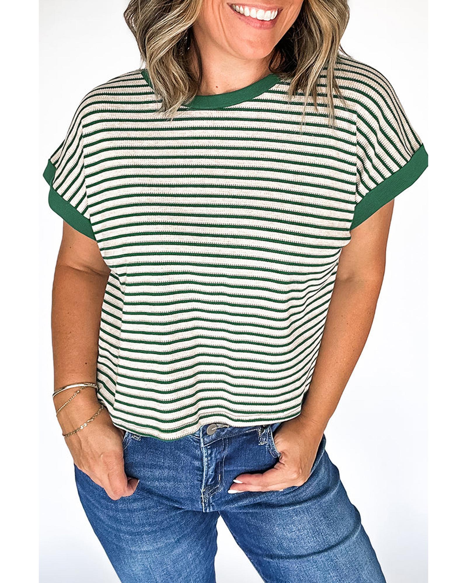 V539-AZEXPL2521464-P919-2X-202508311135-00 Green Stripe Trimmed Round Neck Plus Size Boxy Fit T-shirt - 2X - Image 1