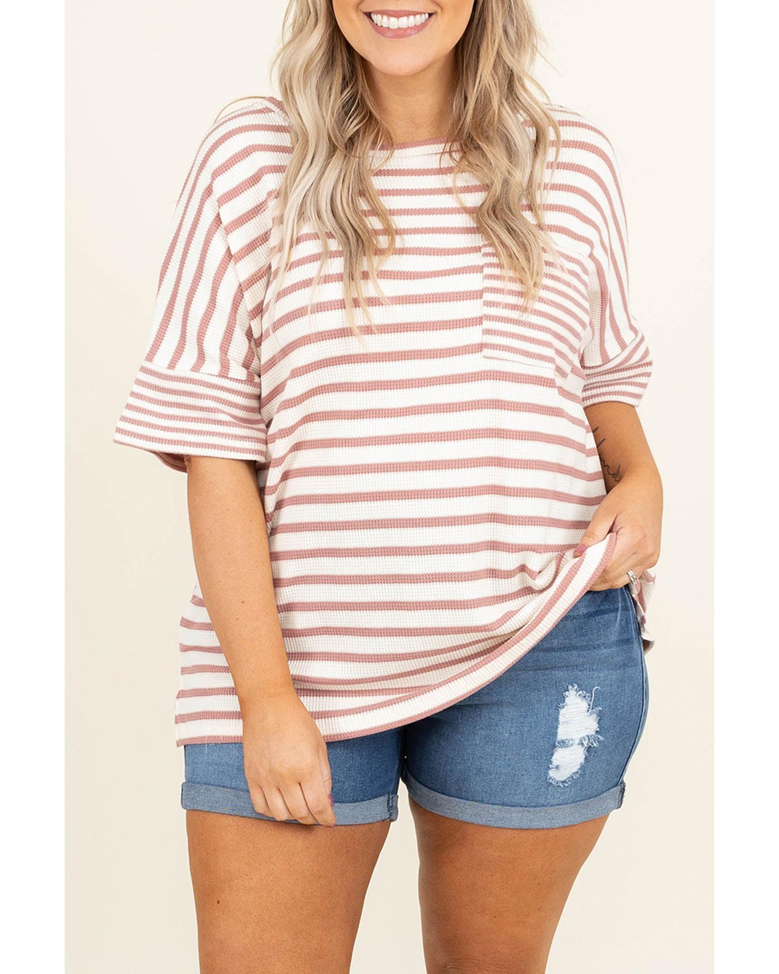 V539-AZEXPL2521488-P1019-1X-202506182246-00 Pink Stripe Waffle Knit Pocketed Half Sleeve Plus Size T Shirt - 1X - Image 1