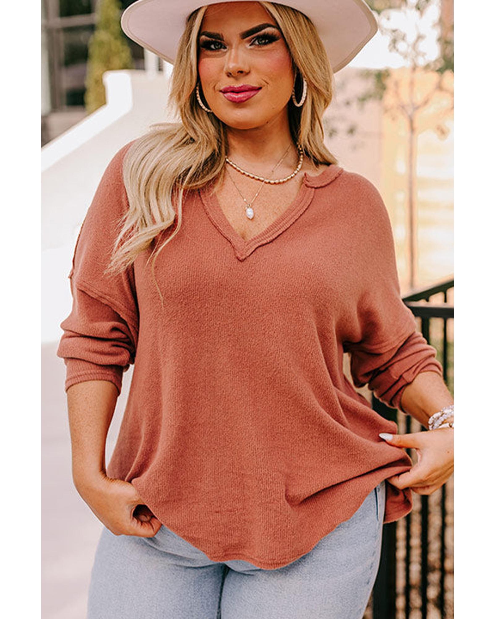 V539-AZEXPL252413-P5014-3X-202508310650-00 Gold Flame Plus Size Exposed Seam V Neck Long Sleeve Top - 3X - Image 1