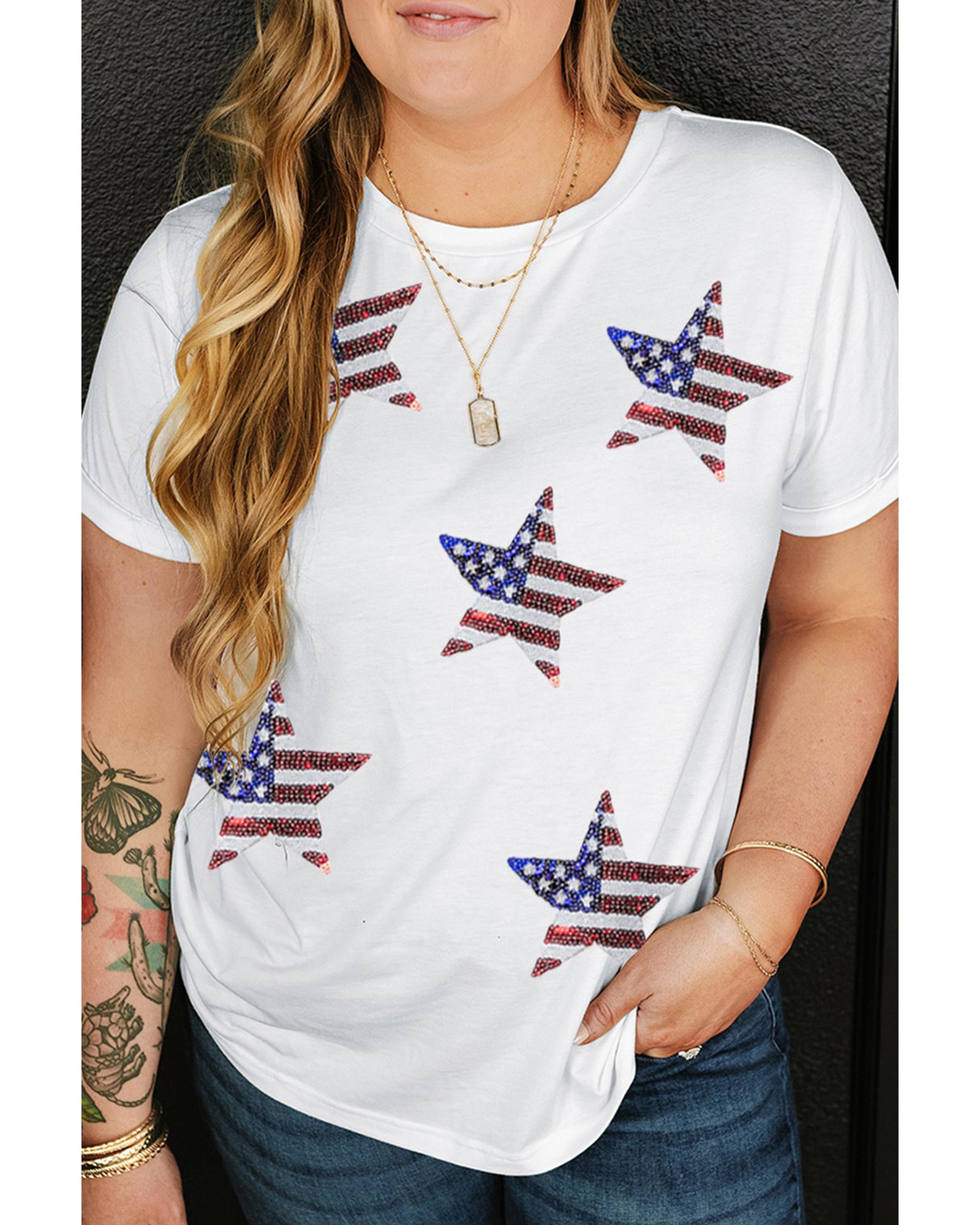 V539-AZEXPL252991-P1-1X-202506182347-00 White Sequin American Flag Star Pattern Plus Size Tee - 1X - Image 1