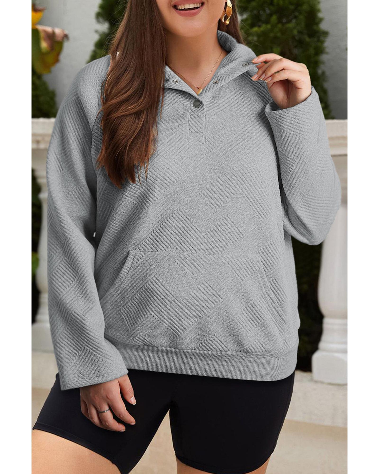 V539-AZEXPL25315197-P1011-1X-202506192011-01 Light Grey Textured Snap Buttons Pullover Plus Size Sweatshirt - 1X - Image 1