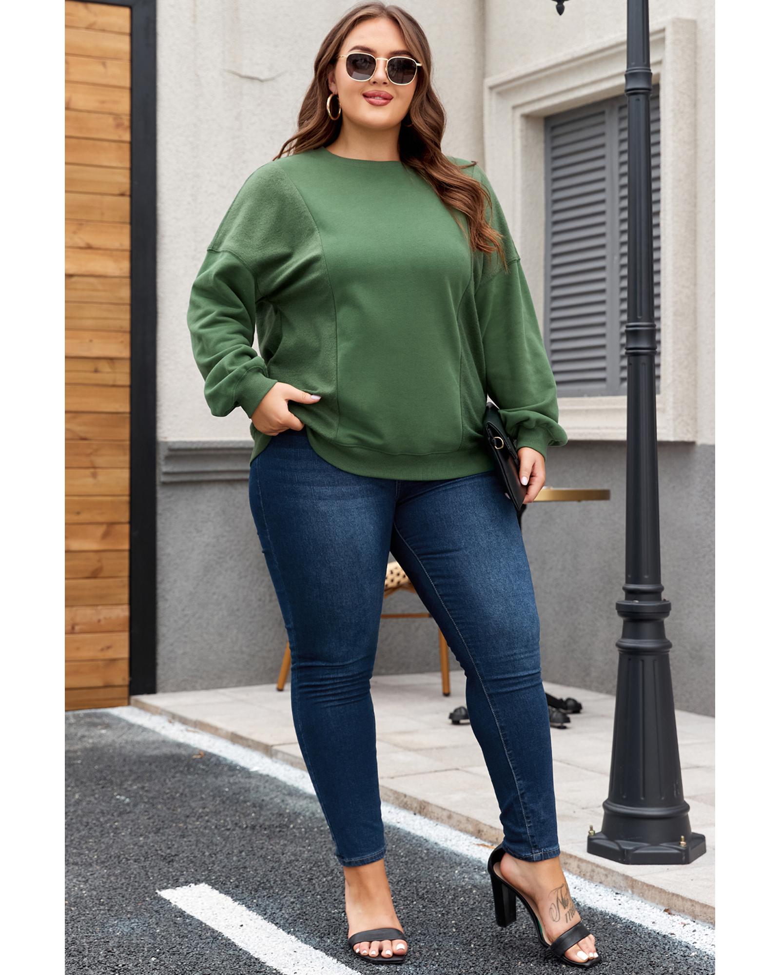 V539-AZEXPL25317324-P309-3X-202508310845-00 Blackish Green Loose Patchwork Crewneck Plus Size Sweatshirt - 3X - Image 1