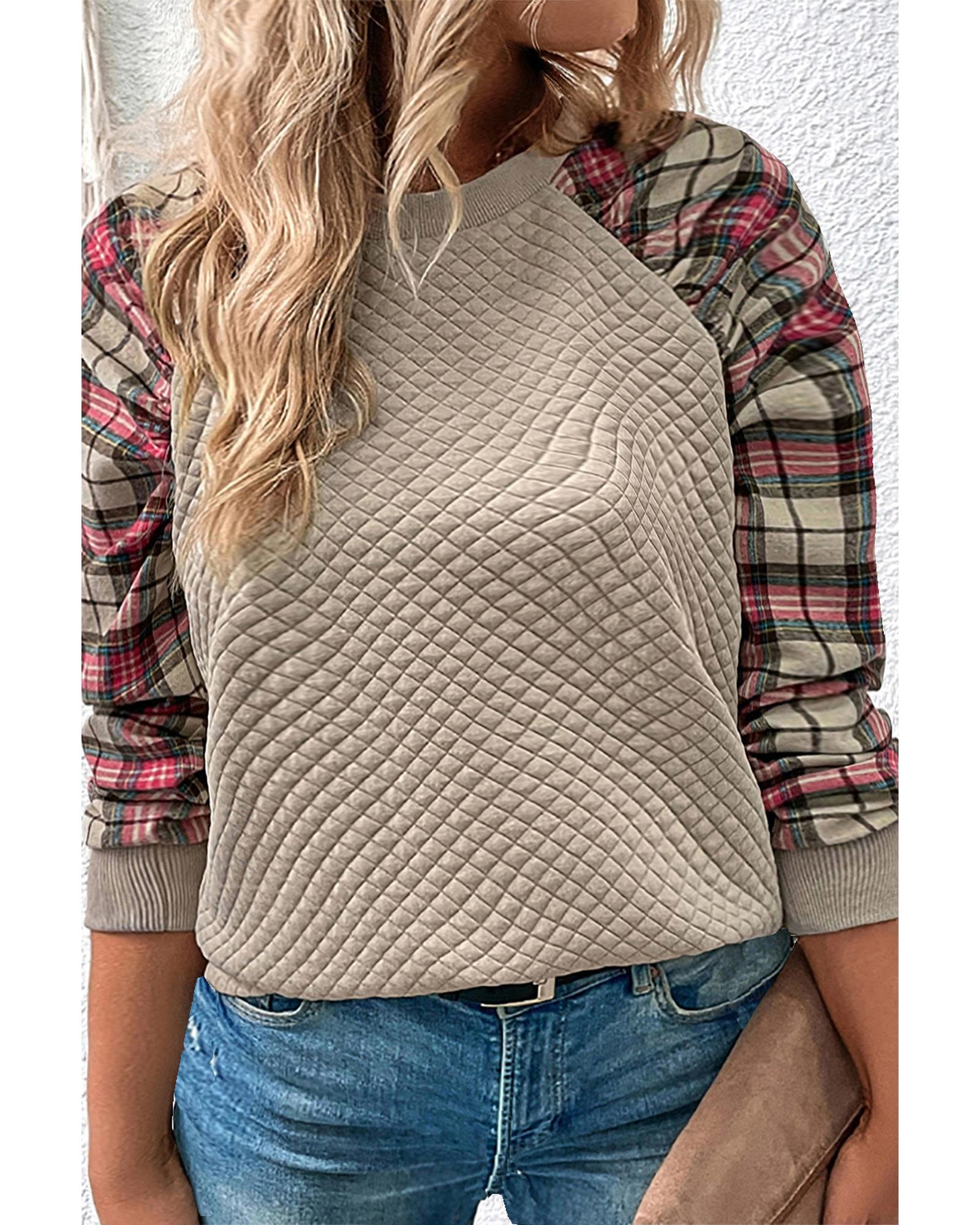 V539-AZEXPL253307-P18-1X-202506182222-00 Apricot Plus Size Plaid Raglan Sleeve Crew Neck Sweatshirt - 1X - Image 1