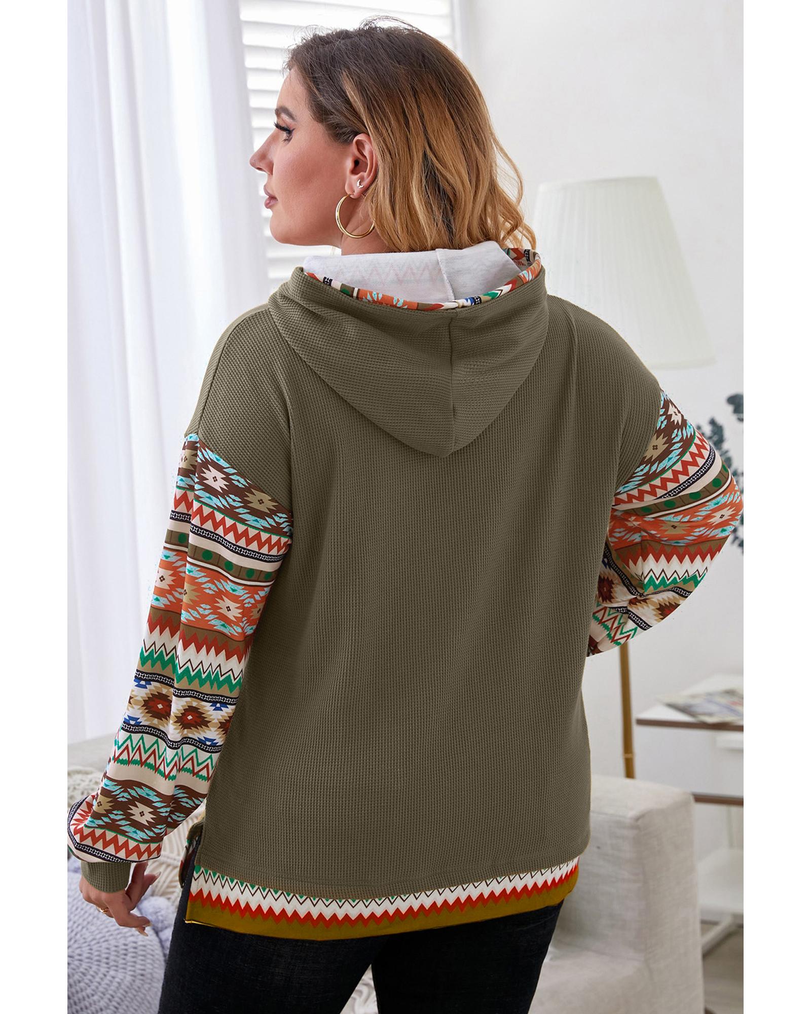 V539-AZEXPL253326-P609-2X-202508311440-00 Jungle Green Aztec Patchwork Sleeve Waffle Drawstring Plus Hoodie - 2X - Image 1