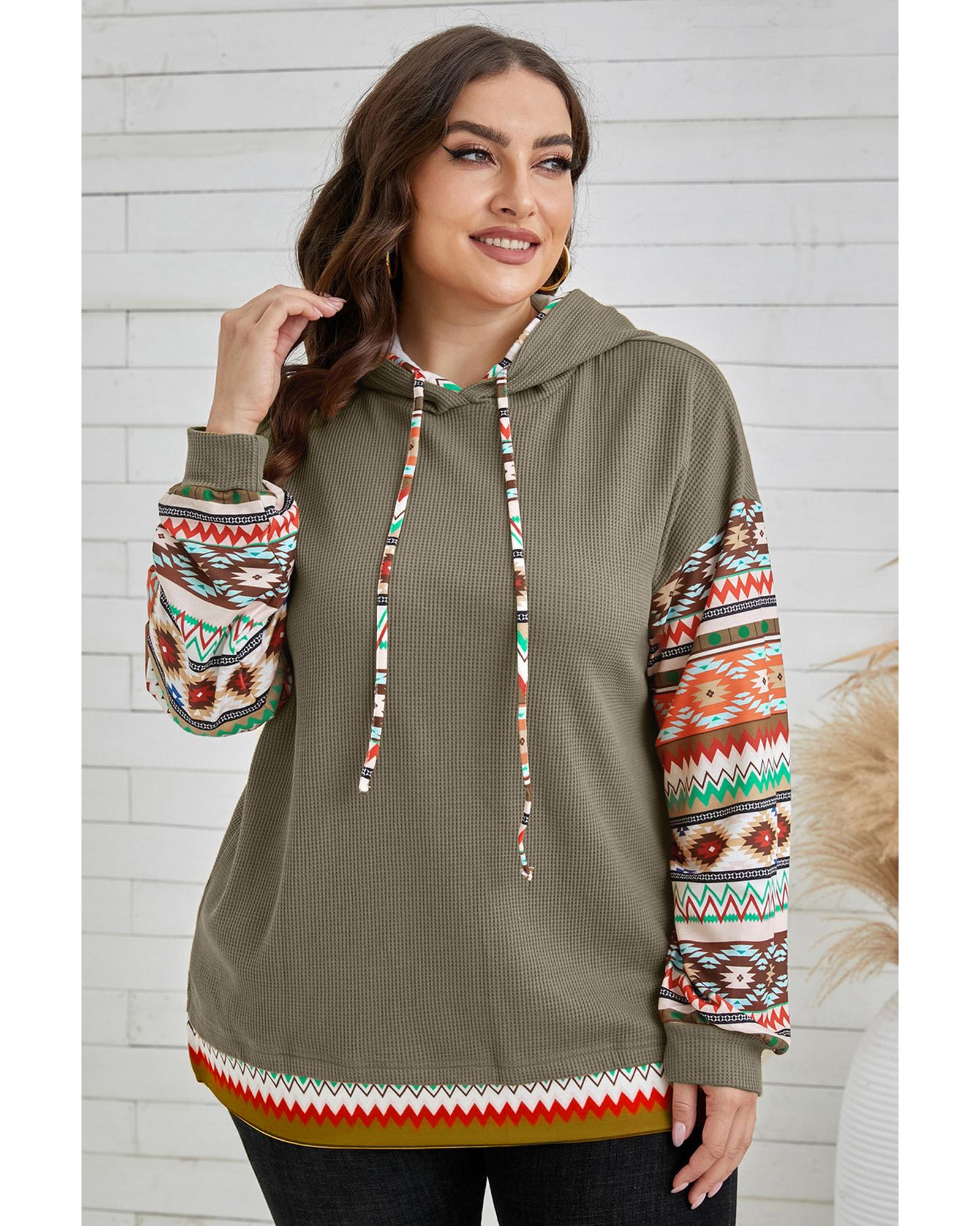 V539-AZEXPL253326-P609-3X-202508311445-00 Jungle Green Aztec Patchwork Sleeve Waffle Drawstring Plus Hoodie - 3X - Image 1